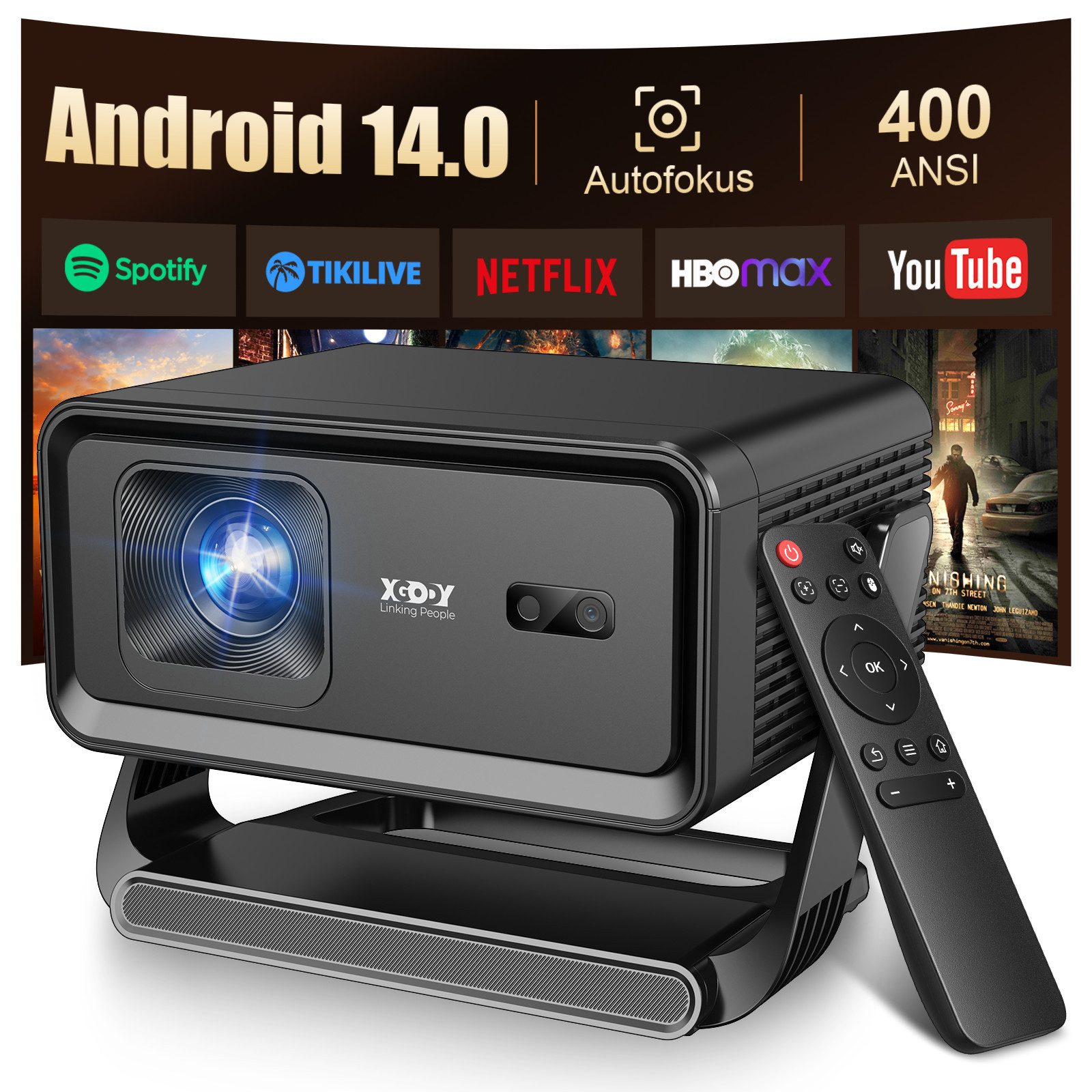 XGODY Gimbal A1 Smart Projektor – Android 14, WLAN 6, BT 5.4, Autofokus LCD-Beamer (400 lm, 10000:1, 3840 x 2160(400 ANSI Lumen) px, Auto-Trapezkorrektur, Tragbarer 8K-Filmprojektor)
