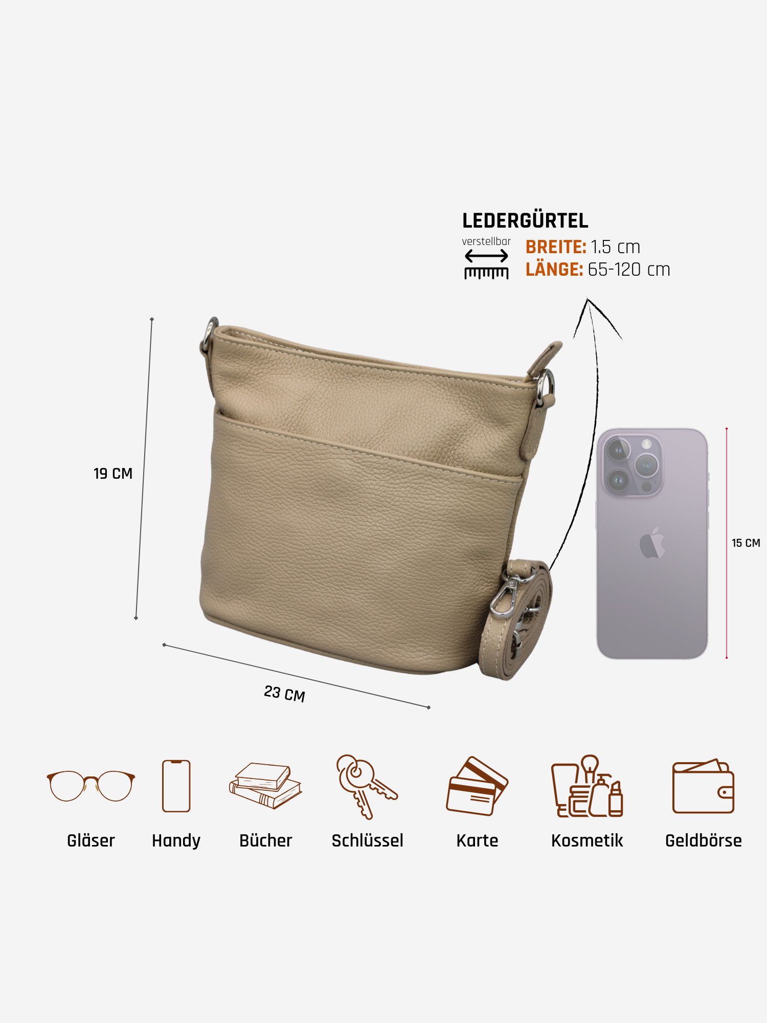 Adel Bags Schultertasche LINA Umhängetasche für Damen, Schultertasche Echtleder Gürteltasche