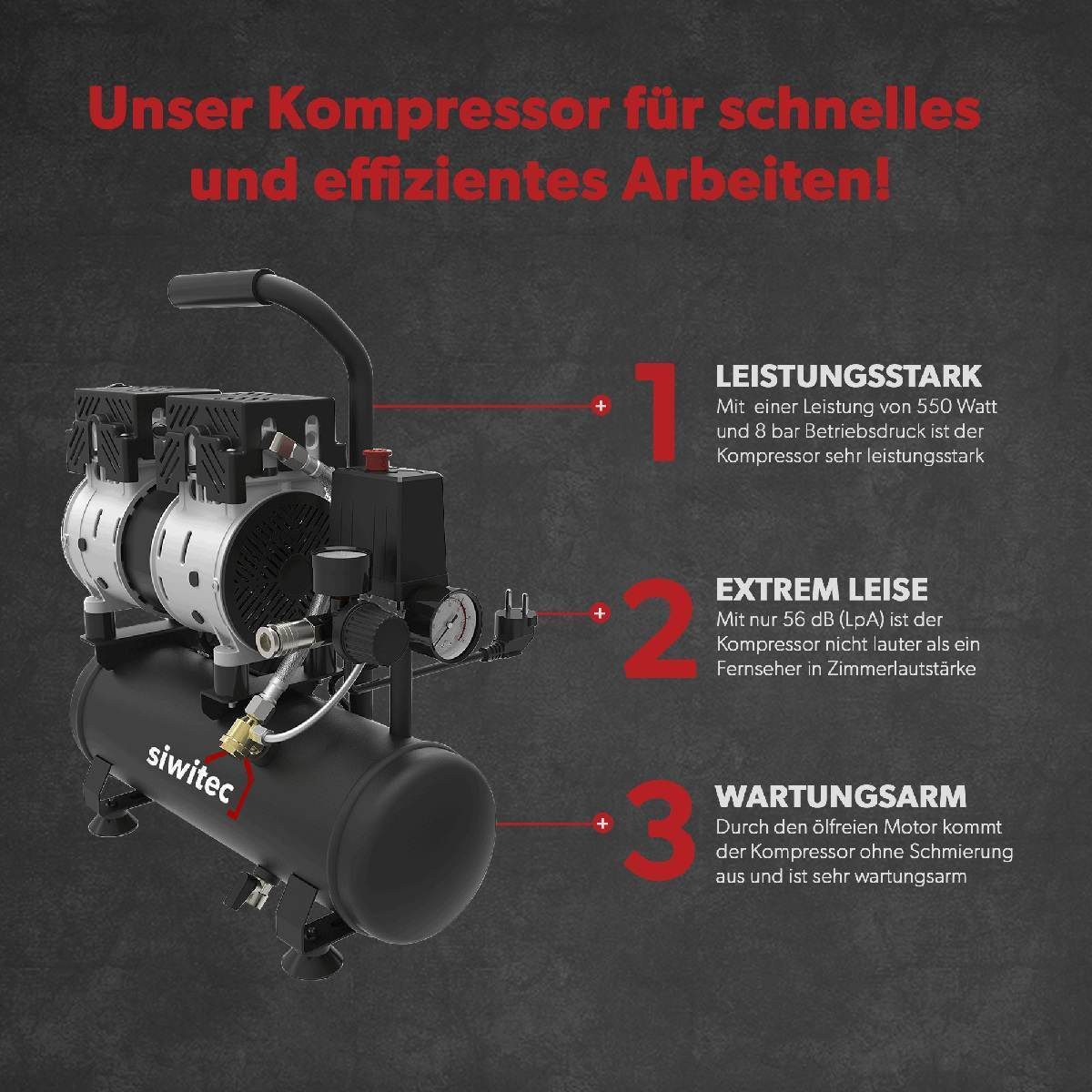 siwitec Kompressor Flüsterkompressor 550 W Set mit 5 m Druckluftschlauch, Druckluft-Reife, 550 W, max. 8,00 bar, 6,00 l
