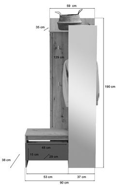 xonox.home Kompaktgarderobe Torino (Garderobenset Eiche und Basalt grau, 90 x 189 cm) mit Kleiderstange, mit Bank