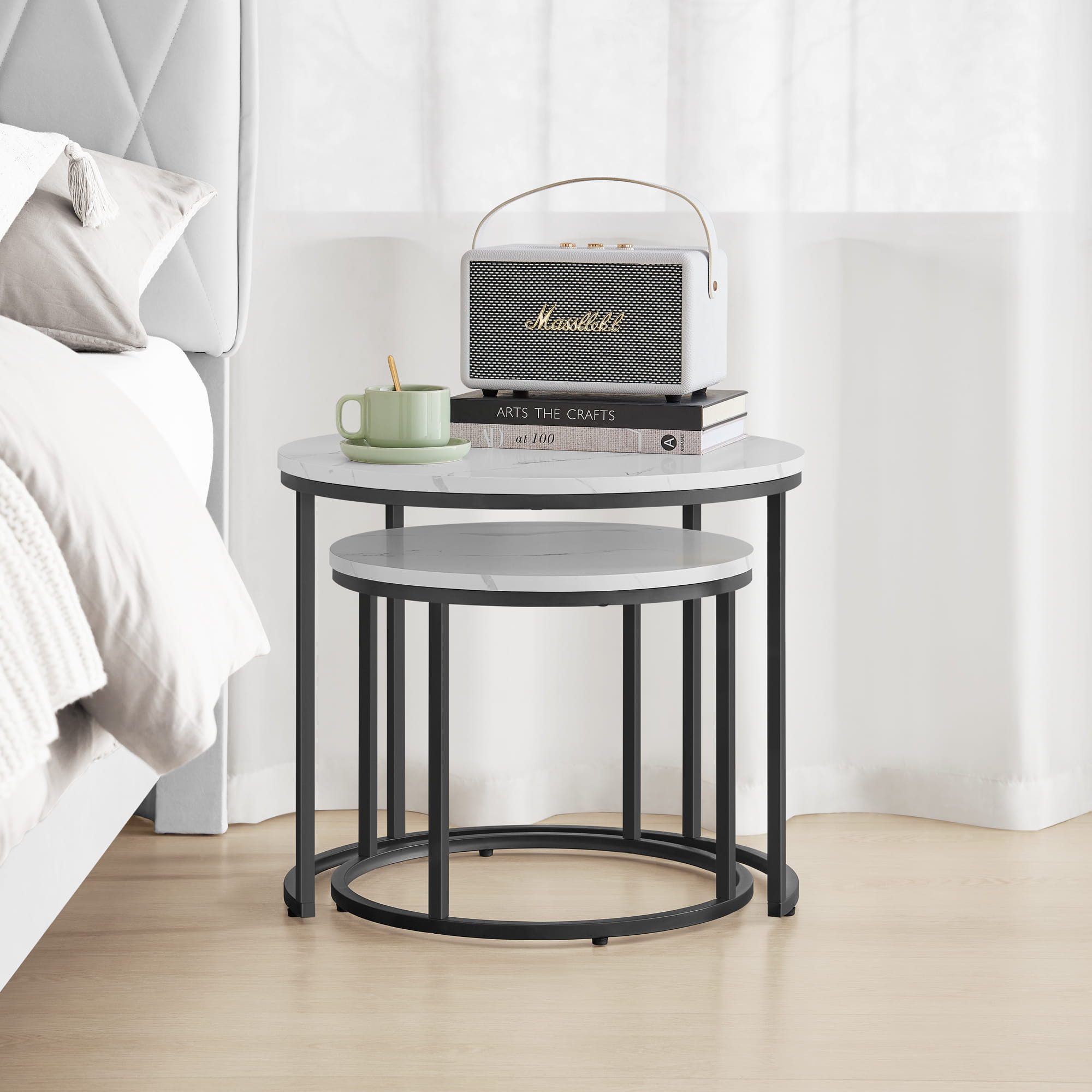 Home Collective Couchtisch 2er Set Beistelltisch Loft Design 2in1 Verschachtelung Wohnzimmer, kratzfeste Oberfläche 53cm und 43cm Marmor Optik mit schwarzen Beinen