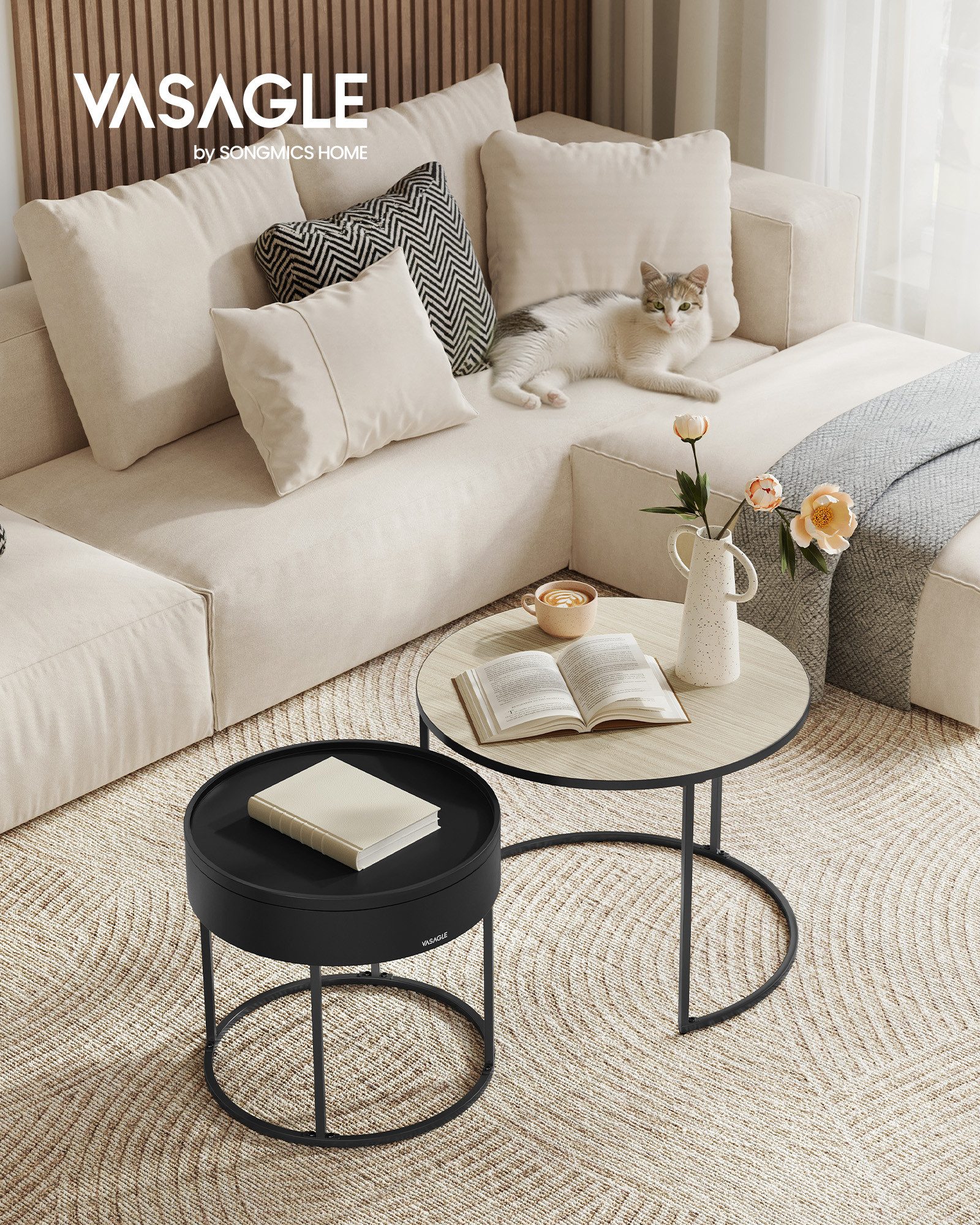 VASAGLE Couchtisch (2er Set), Satztisch für Wohnzimmer, versteckter Stauraum, Ø60x45cm+Ø44x42cm