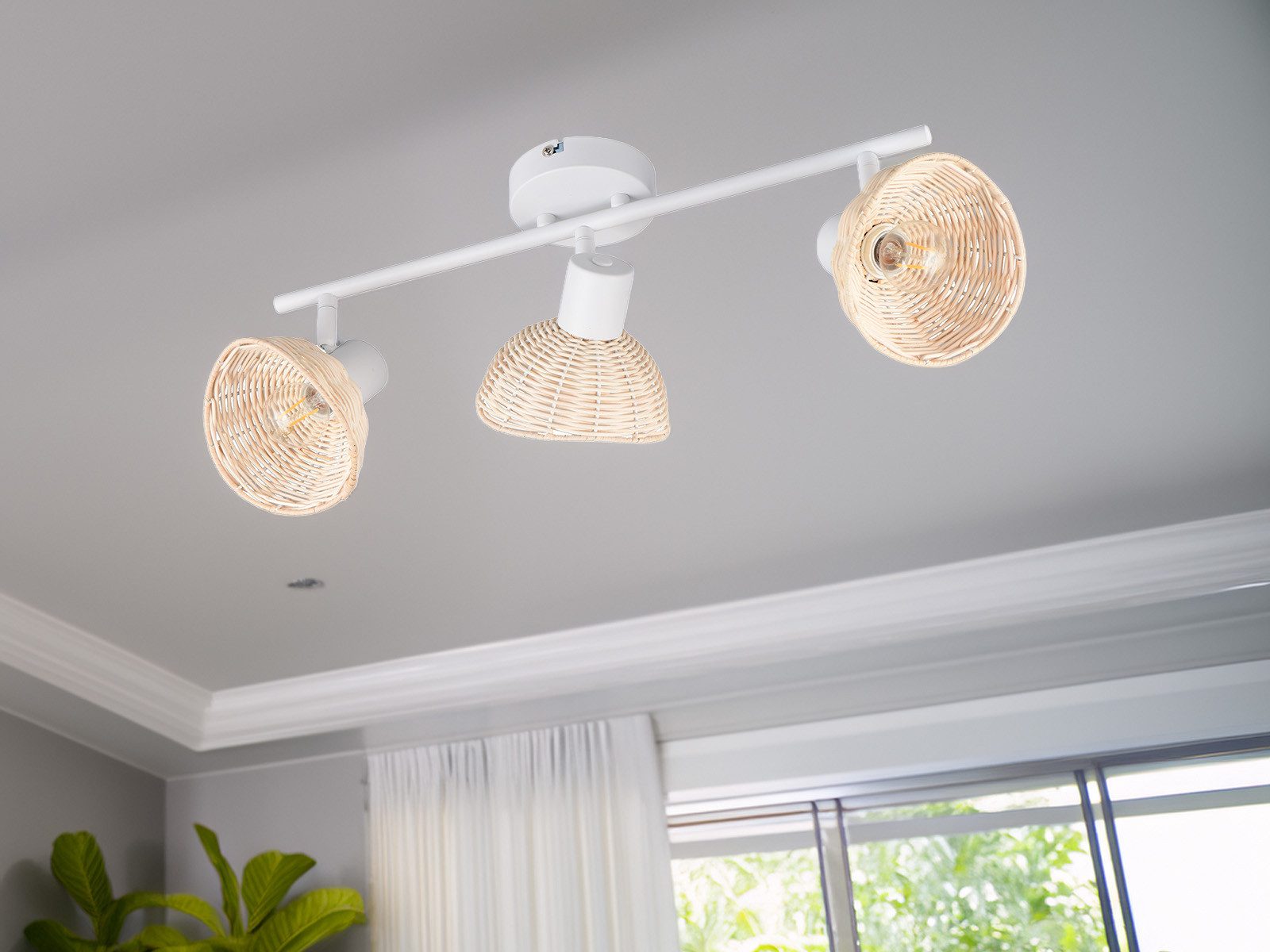 Reality Leuchten LED Deckenstrahler mit Rattan Lampenschirmen, Länge 59cm, Leuchtmittel dimmbar, LED wechselbar, Warmweiß, skandinavisch-e Deckenlampe 3-flammig mit E14 Leuchtmitteln