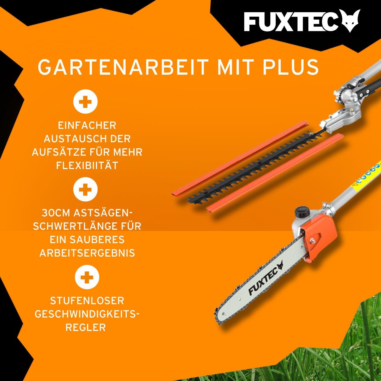 FUXTEC Benzin-Motorsense FX-MT152, 44 cm Arbeitsbreite Messer, 4in1 Tool 3PS, 52ccm, 32cm Schnittbreite, 40cm Schnittlänge