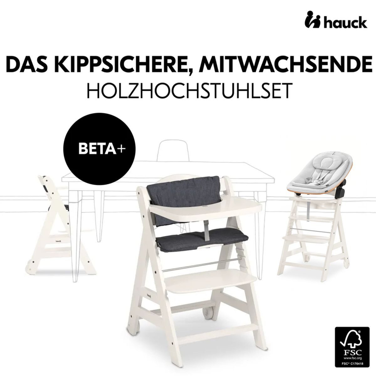 Hauck Hochstuhl Beta Plus White Newbornset Eco - Light Grey (Set), Holz Babystuhl ab Geburt mit Neugeborenensufsatz, Sitzkissen, Essbrett