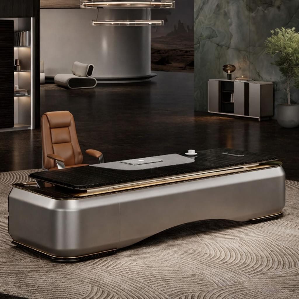 Xlmoebel Eckschreibtisch Luxuriöser Chefschreibtisch Imperium Nero Deluxe mit Gold-Details, Made in Europa