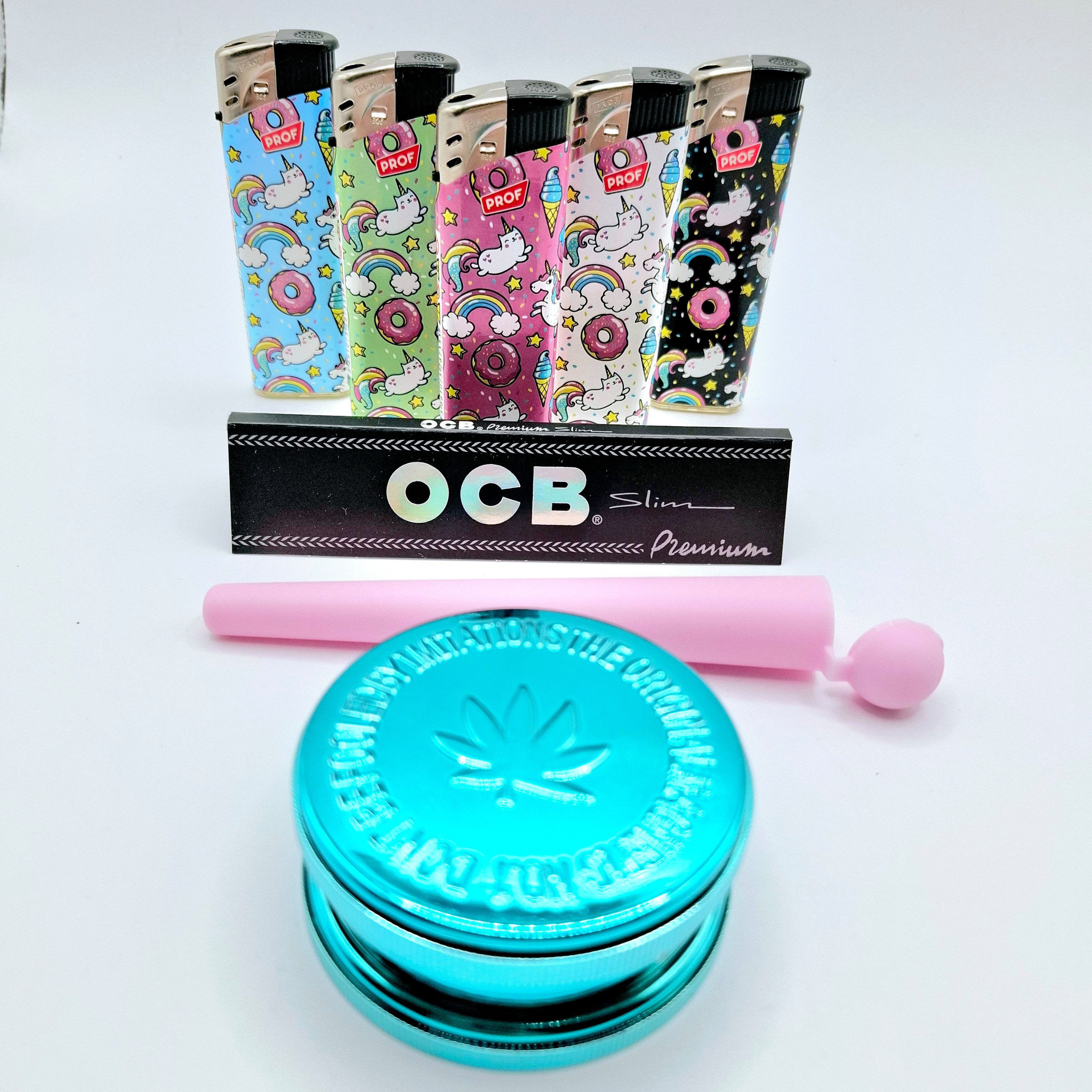 meytrade Feuerzeuge Girls Set: 6mm Gizeh Filter pink, OCB Blättchen, Jointhülle, Grinder, pink all in one