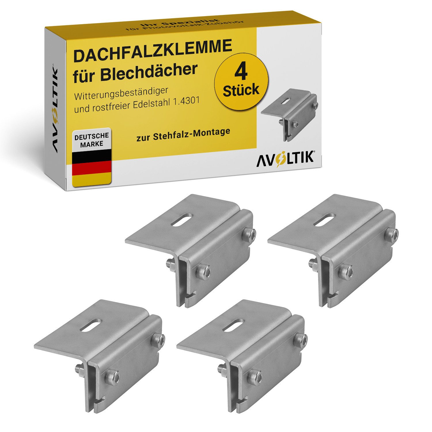 avoltik Solarmodul-Halterung Dachfalzklemme Stehfalzdach Edelstahl Montage Dach Befestigung Solar, (4er Set, 6er Set, 10er Set, 50er Set, 4-tlg., Avoltik Dachfalzklemme Stehfalzdach Edelstahl Montage Dach Befestigung, Zur Befestigung an Dachfalzen)