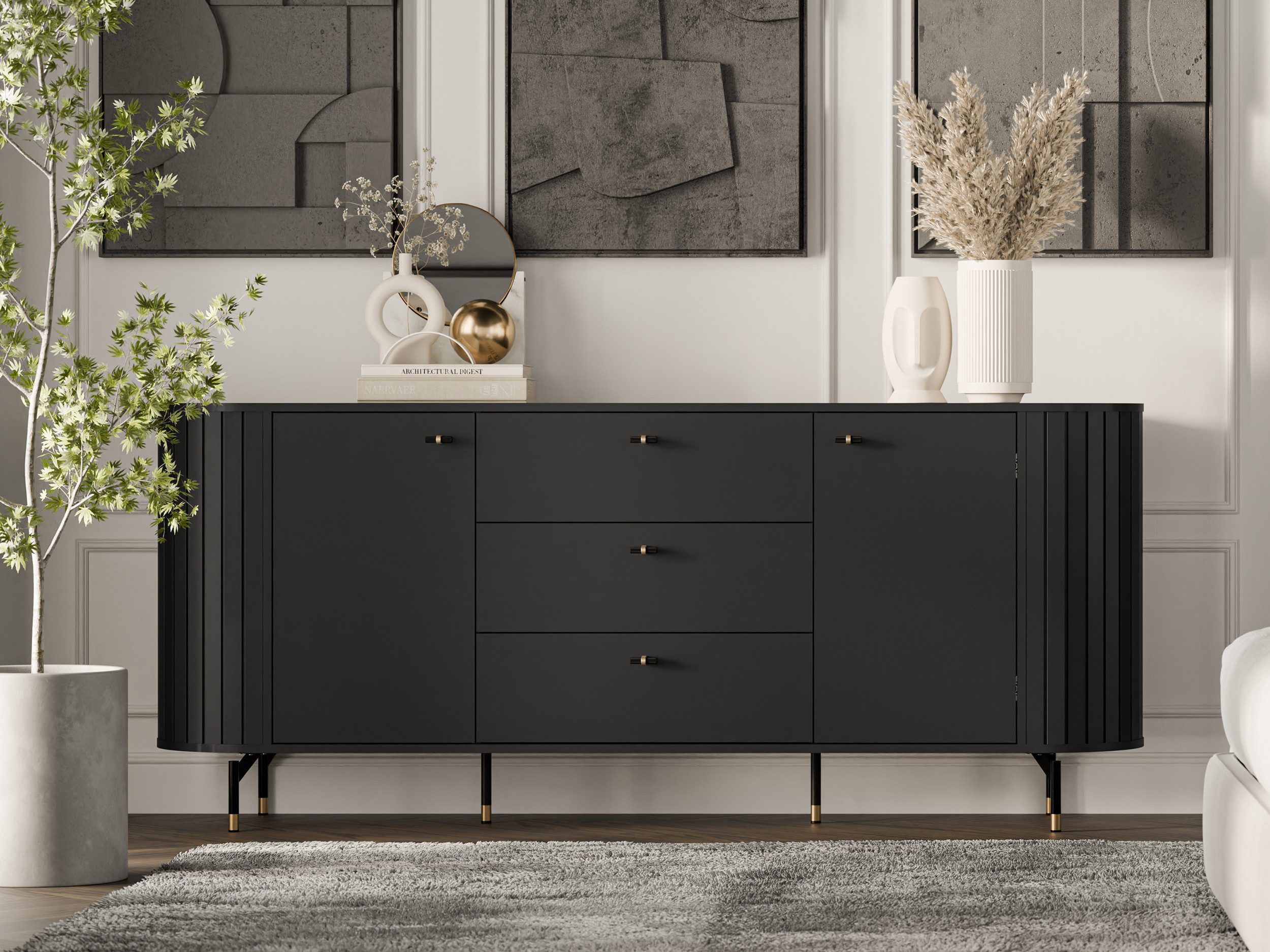 Beautysofa Kommode ZALIA mit 2 Türen und 3 Schubladen (Retro-Design, geriffelte Seiten, Metallbeine mit Goldakzenten), Cashmere oder Schwarz