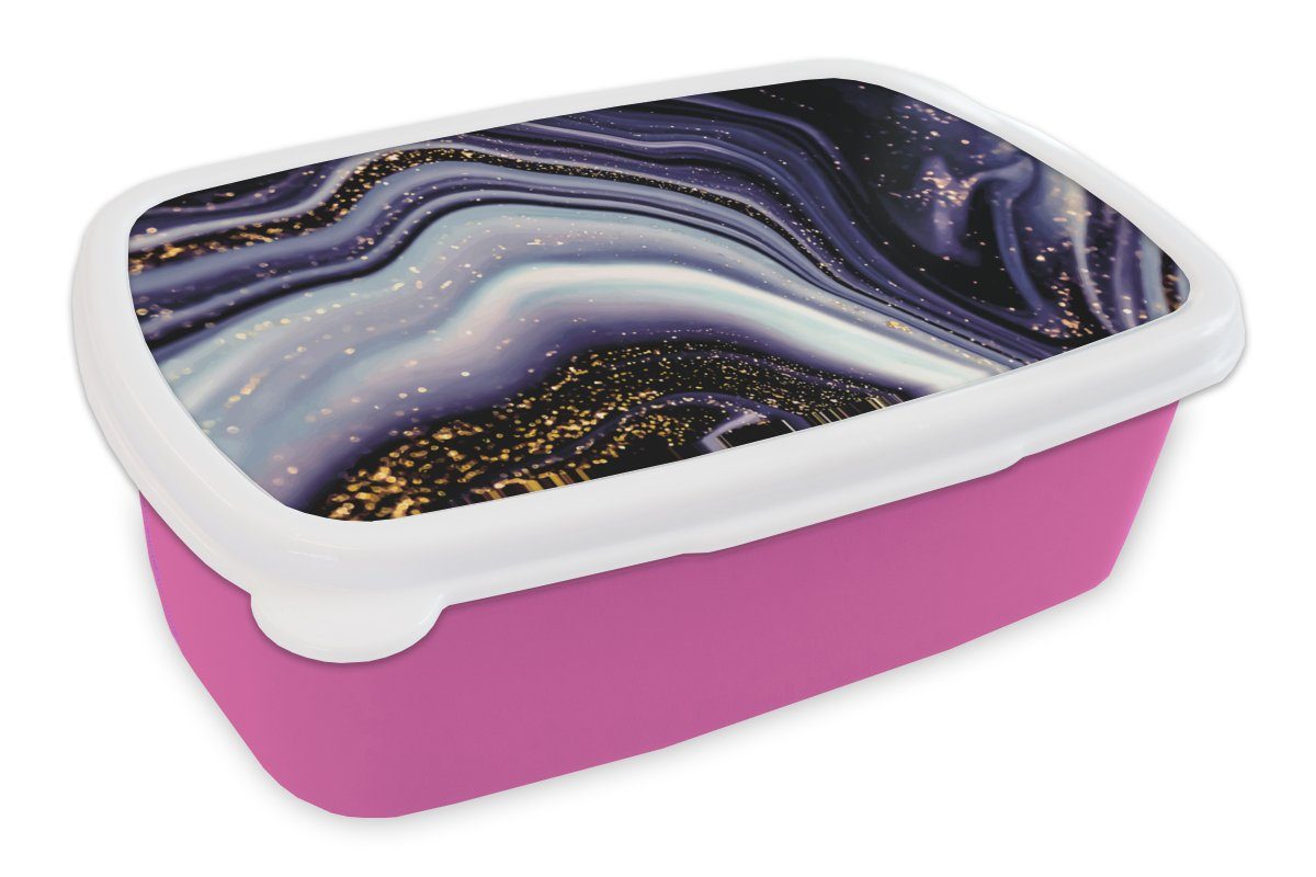 MuchoWow Lunchbox Marmor - Lila - Luxus - Marmoroptik - Glitzer, Kunststoff, (2-tlg), Brotbox für Erwachsene, Brotdose Kinder, Snackbox, Mädchen, Kunststoff rosa