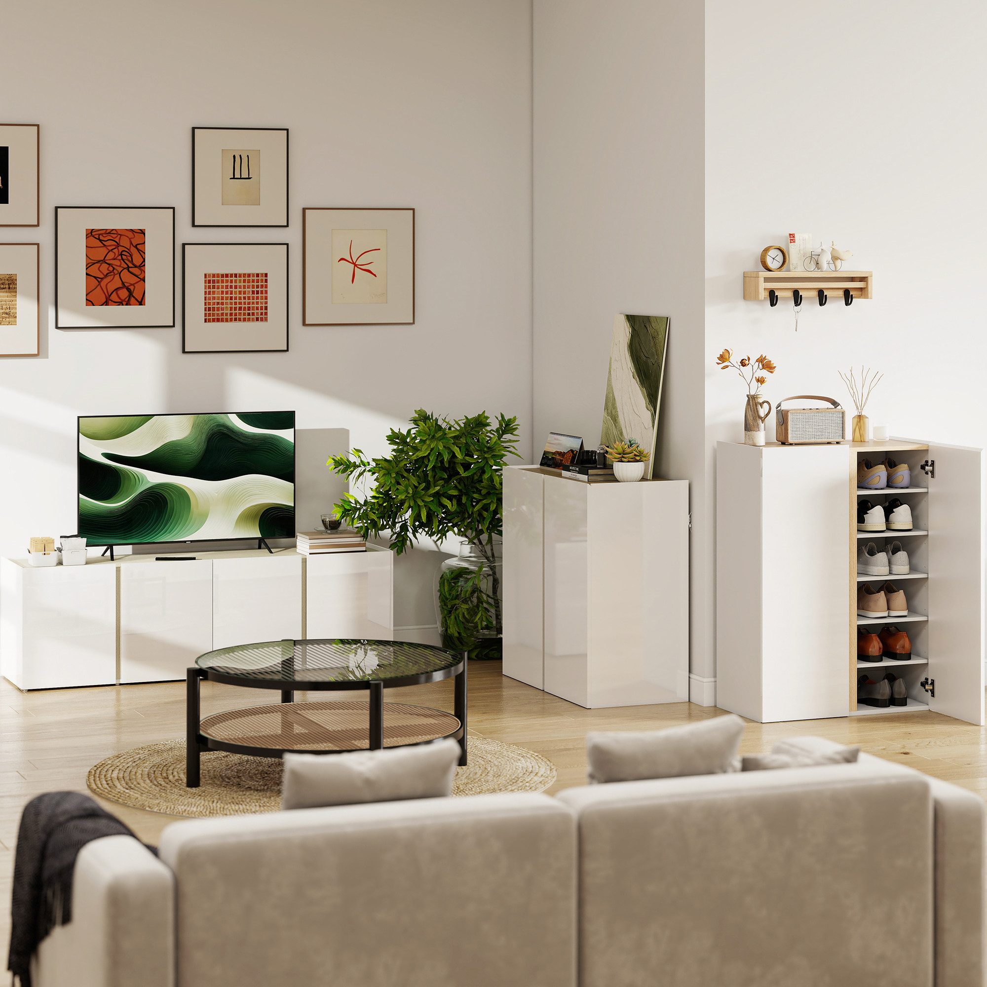 HOMCOM TV-Board Hochglanz Fernsehtisch mit Verstellbaren Ablagen Kabelmanagement (Fernsehtisch, 1 St., TV Lowboard für Fernseher bis zu 65 Zoll), für Wohnzimmer Weiß 135x38x45cm