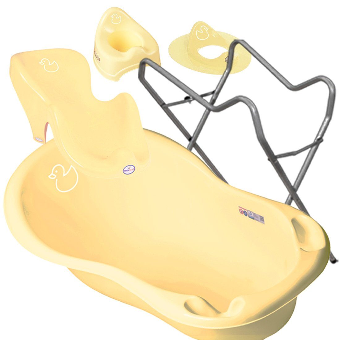 Tega-Baby Babybadewanne 4 Teile SET – DUCK Gelb + Ständer Grau - Babybadeset Wanne Pflege, (Made in Europe Premium Set), ** Wwanne + Badesitz + Töpf + WC Aufsatz + Gestell **