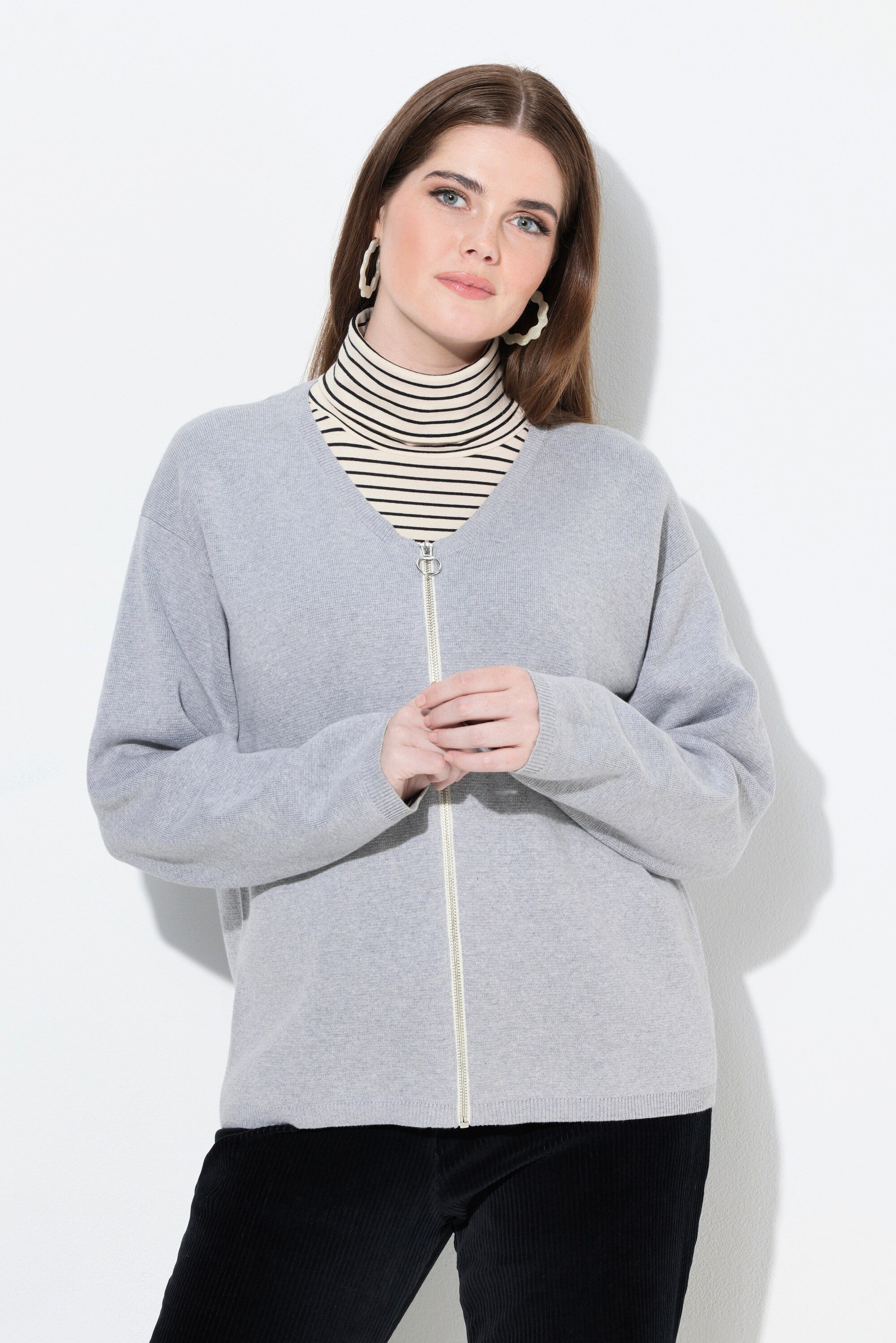 Strickjacke Strickjacke Zipper V-Ausschnitt Langarm
