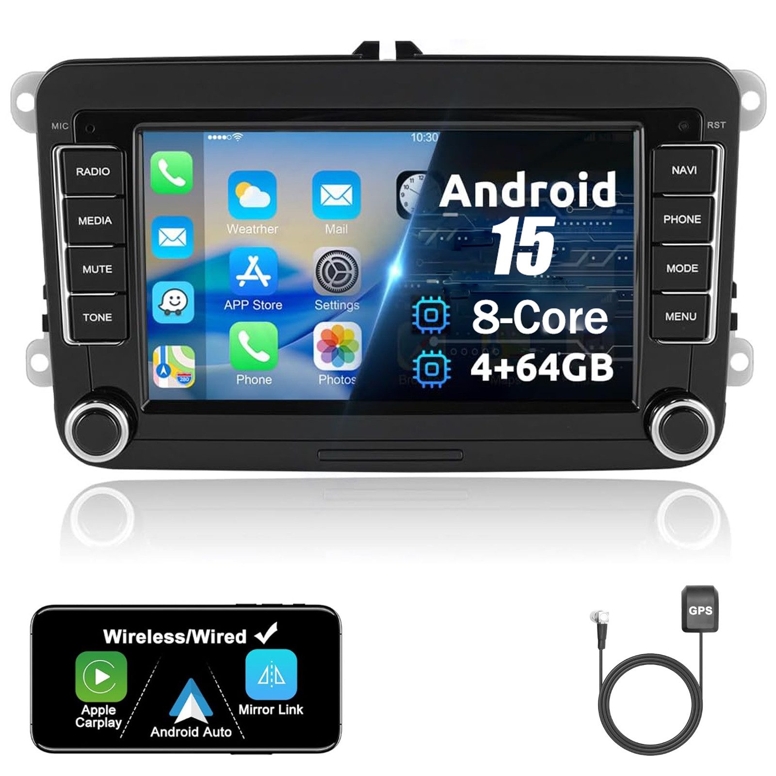 A-Sure 7" 8-Core Android 15 Carplay Für VW Golf 5 6 Passat Touran Caddy Jetta Autoradio (Digitalradio (DAB), FM, AM)