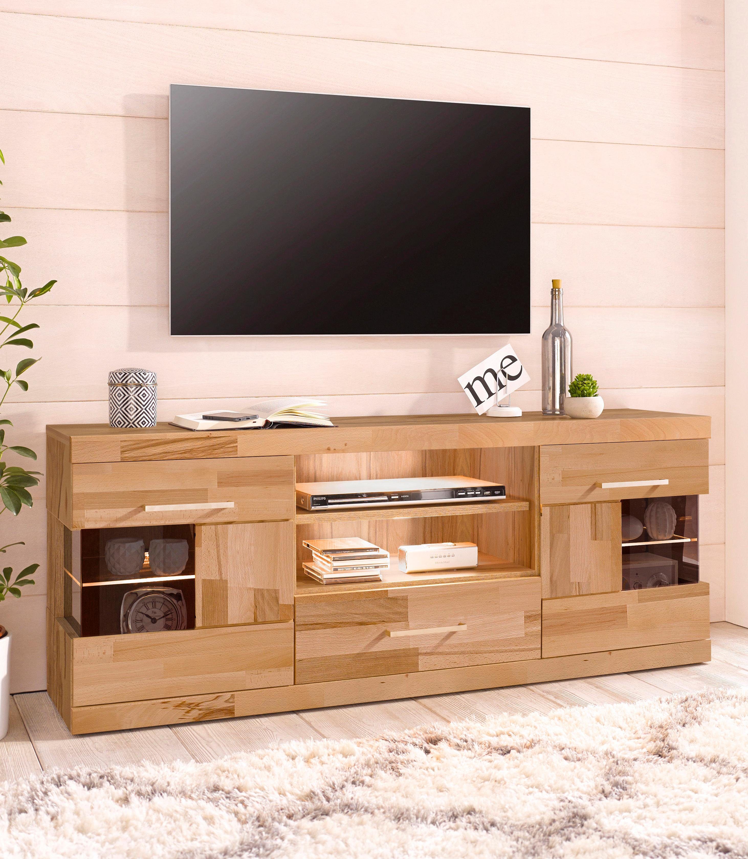 OTTO home Lowboard Ribe,140cm breit, Fronten Massivholz,6 Fächer,Kabeldurchführung, Korpus Holzwerkstoff,Glaseinsatz aus gehärtetem Glas,Böden versetzbar