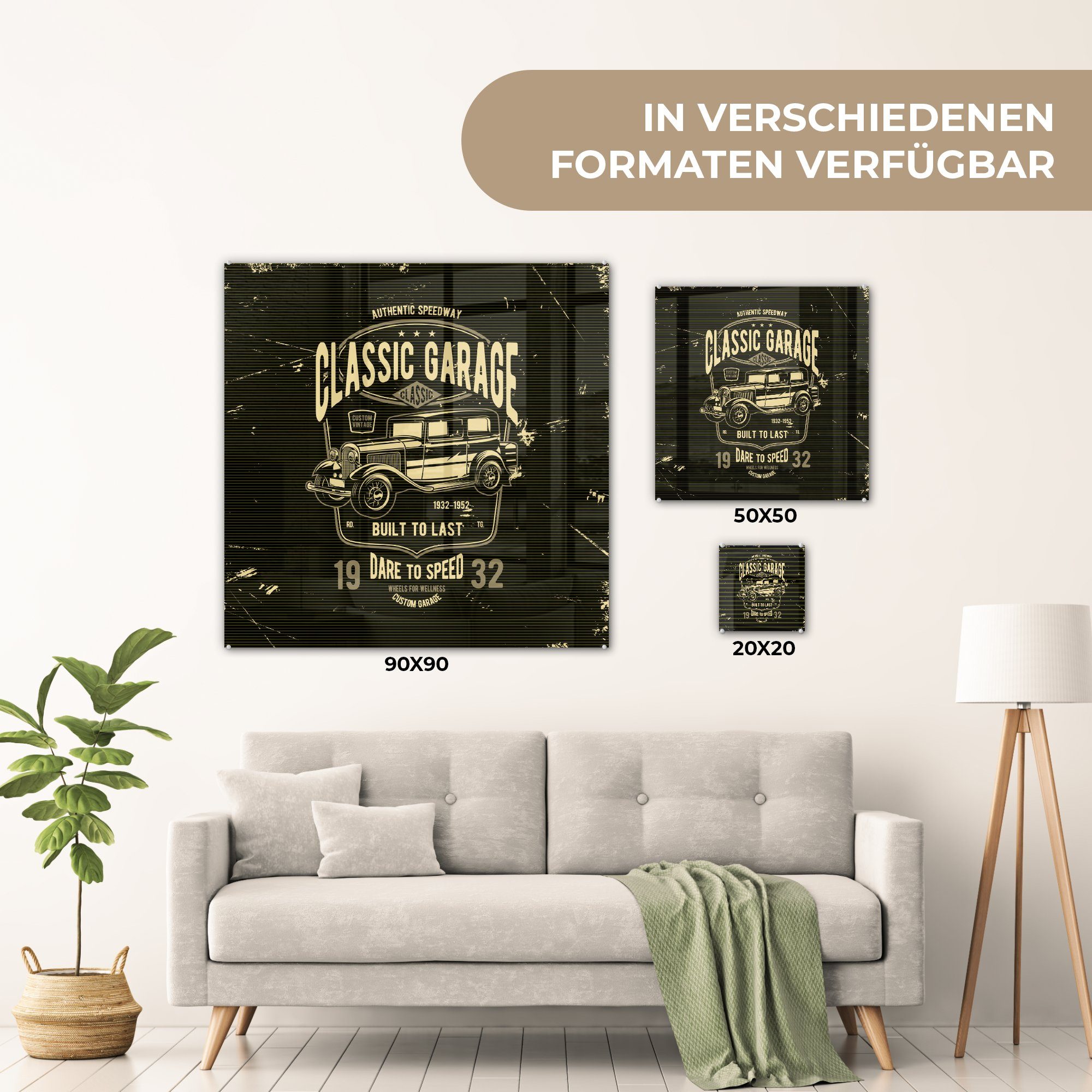 auf Glas MuchoWow Glas Garage (1 - - Vintage, - Glasbilder Auto Wanddekoration Wandbild auf St), Mancave Bilder Foto Acrylglasbild - - -