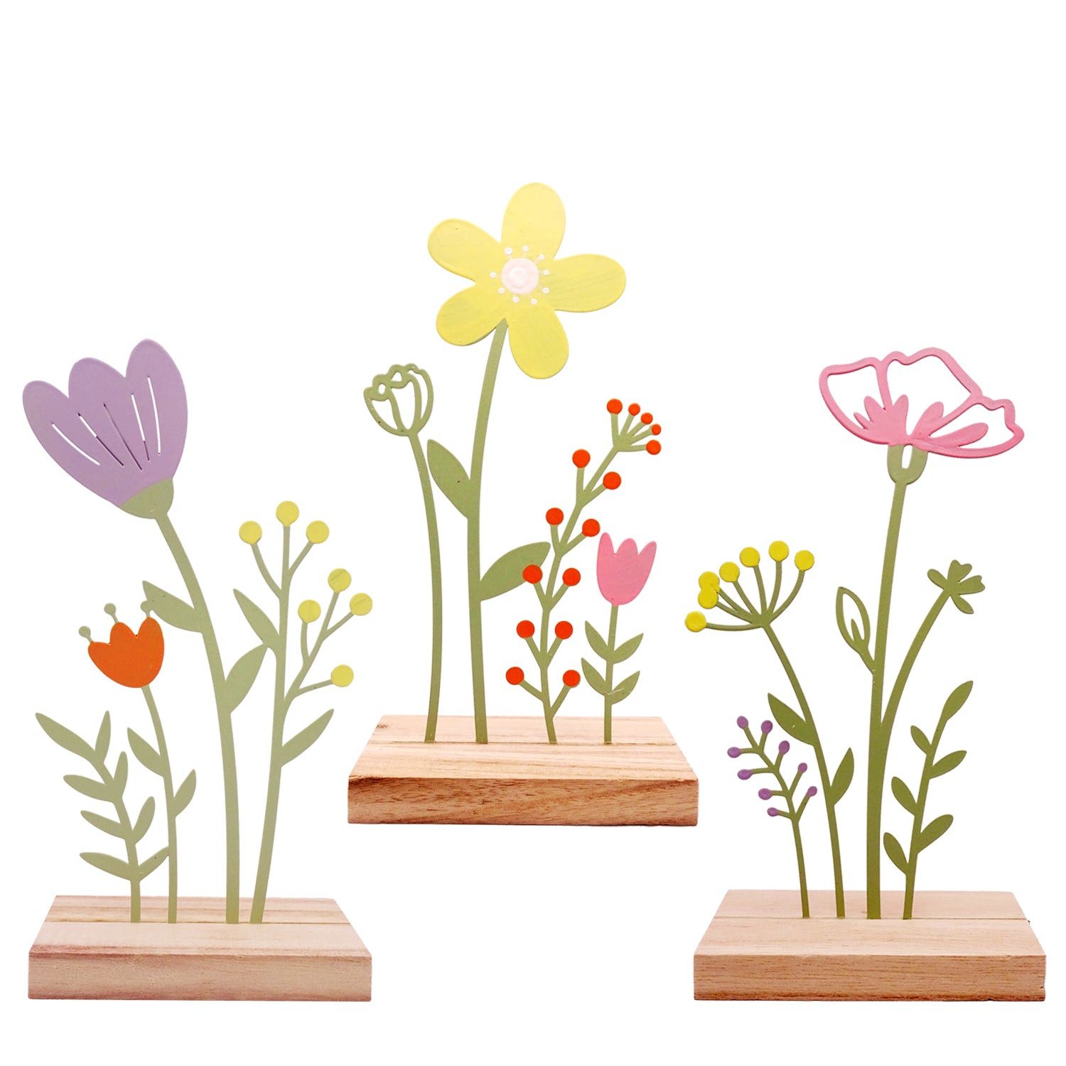 Logbuch-Verlag Dekofigur 3er Set Blumen Figuren aus Metall und MDF 12x6x23,5 cm – Frühlingsdeko
