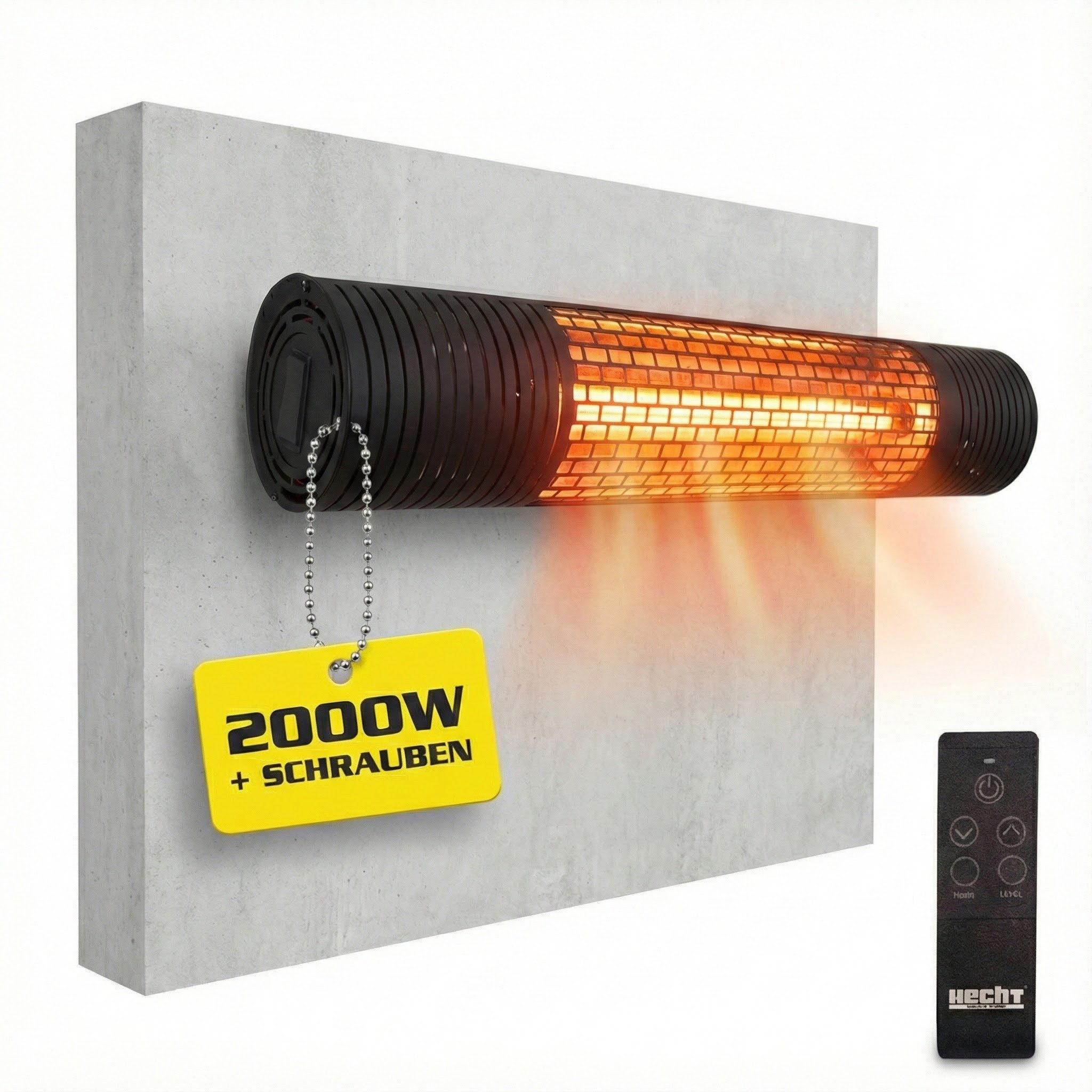 Hecht Heizstrahler Infrarot mit Fernbedienung, Aufhängungsmaterial, 16-26 m³, 2000W, Timerfunktion, 220 - 240 V / 50 Hz