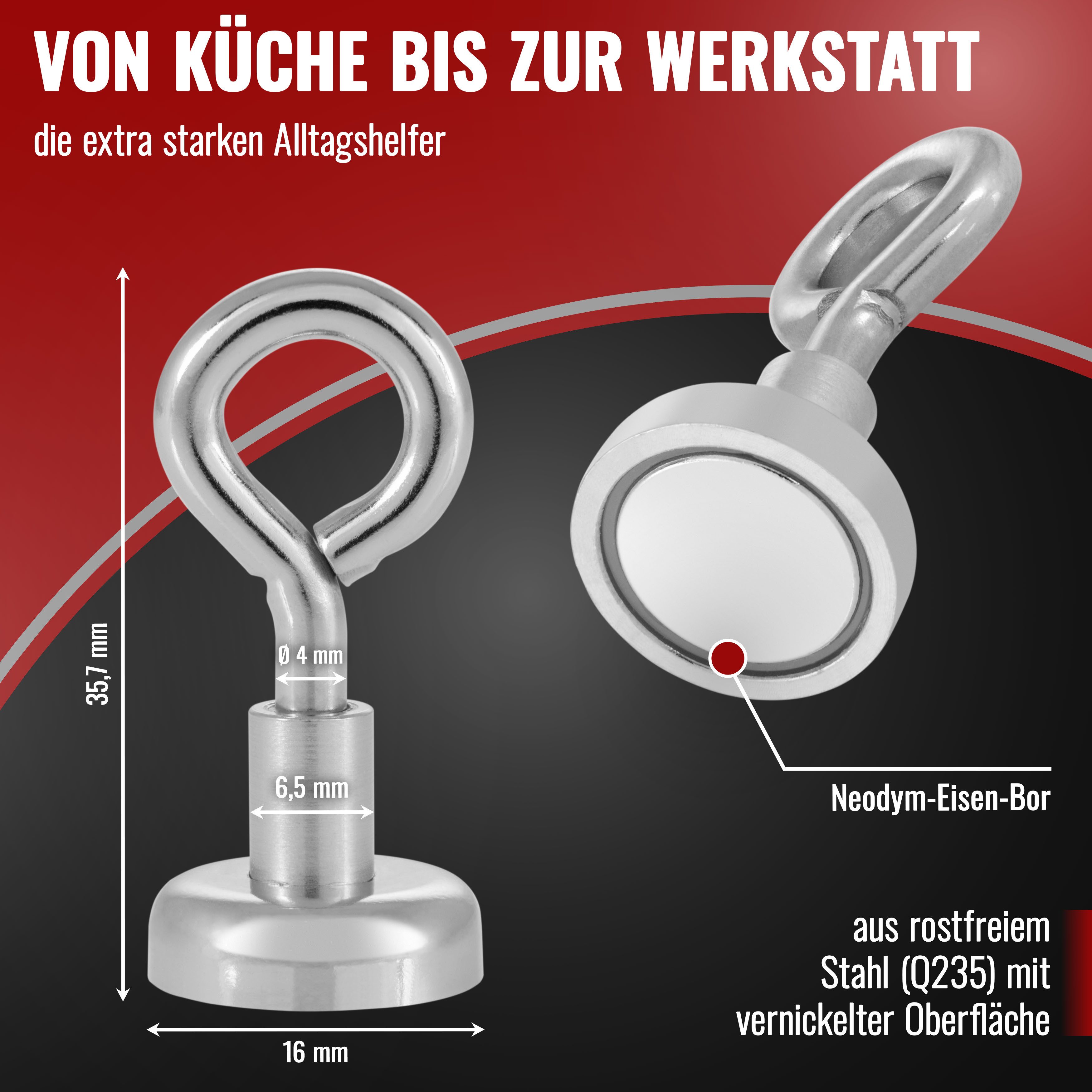 Poppstar Magnethalter Ösenmagnete Neodym, 20 Mini Magnetösen mit mittlerer Haftkraft