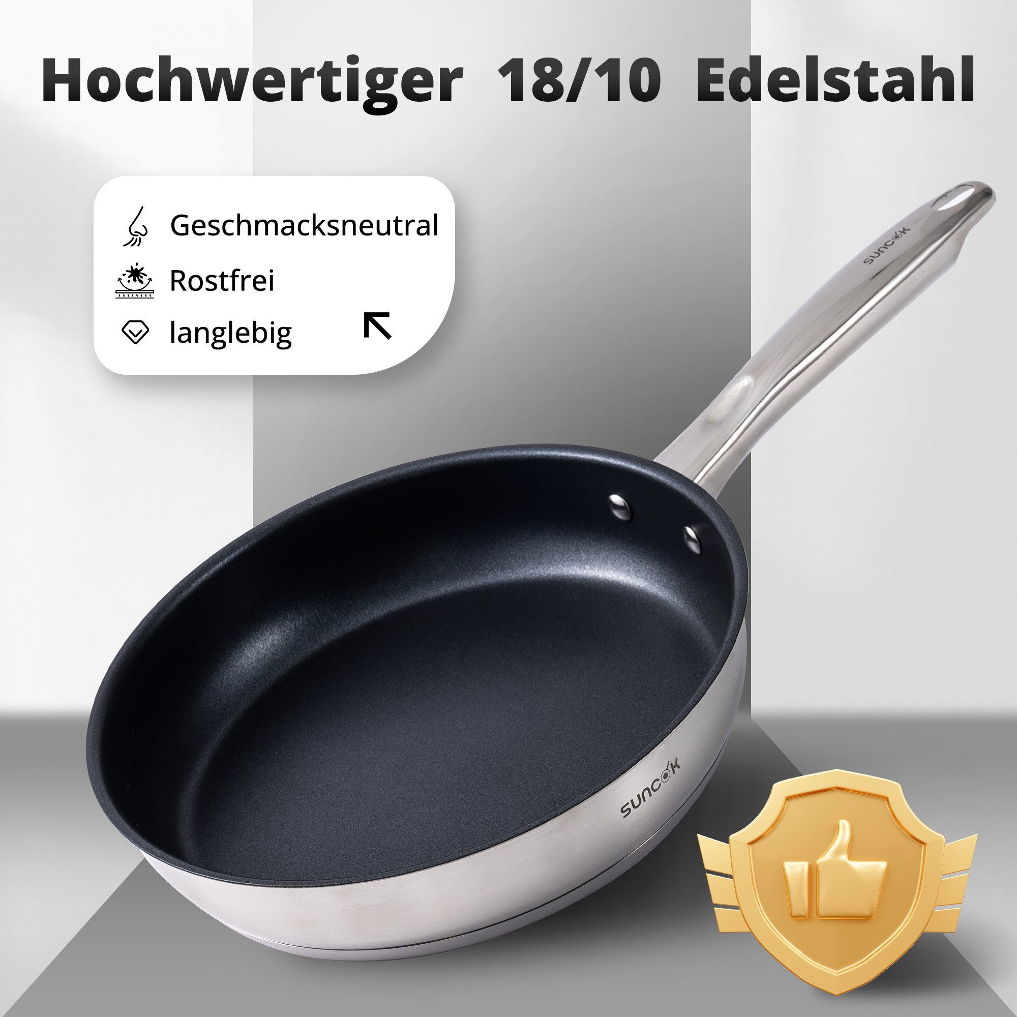 SUNCOK Pfannen-Set Induktion, Bratpfannenset, Edelstahl 18/10 (Set, 1-tlg., je 1x Pfanne 24 cm, 2,2 l; 28 cm, 3,4 l), Induktionspfanne, Antihaftbeschichtung, Leichte Reinigung