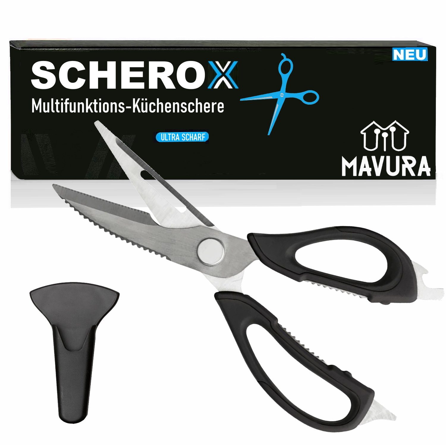 MAVURA Haushaltsschere SCHEROX Multifunktionale Küchenschere Edelstahl  Schneider Schere, Messer Flaschenöffner Schraubenzieher Nussknacker | Allzweckscheren