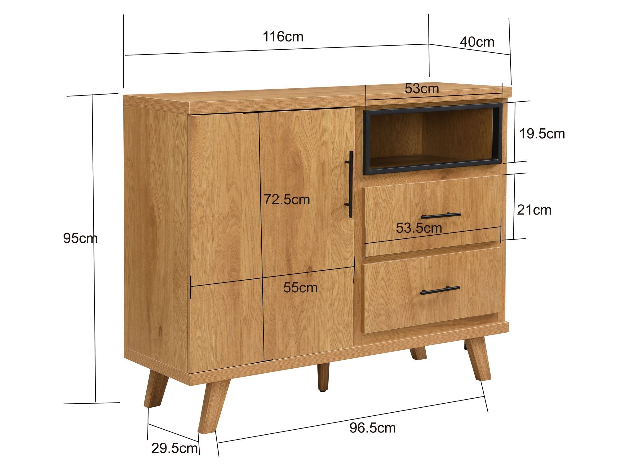 FINEBUY Sideboard FB117897 Kommode Eiche Dekor 116cm Standschrank Anrichte Flurschrank (Praktisches Flurmöbel mit zwei Schubladen), Heller Schrank mit einem offenen Fach