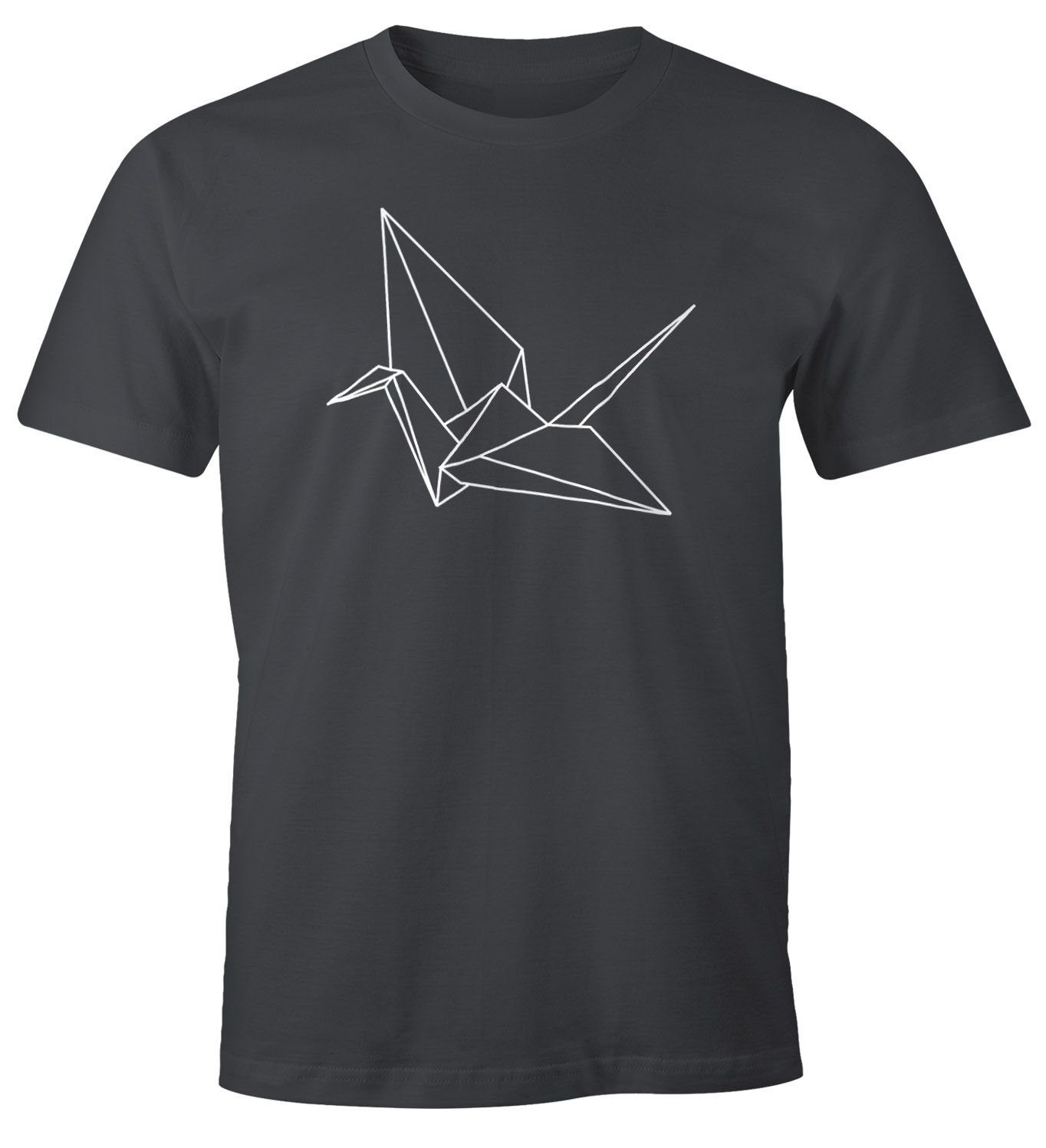 Kranich Geometrisch Crane grau Herren Origami Moonworks® Print MoonWorks mit Print-Shirt T-Shirt Vogel Bird