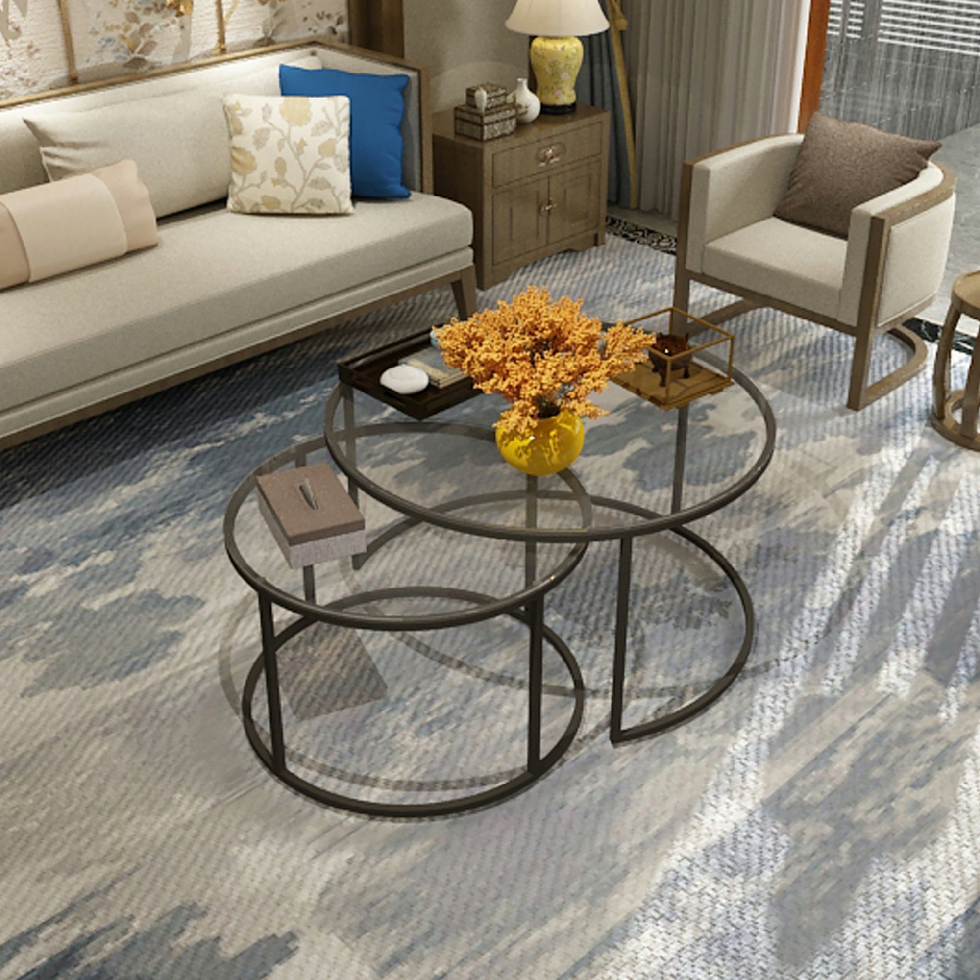 en.casa Couchtisch (Set, 2-St), »Kokkola« Satztisch rund Metall Klarglas günstig online kaufen