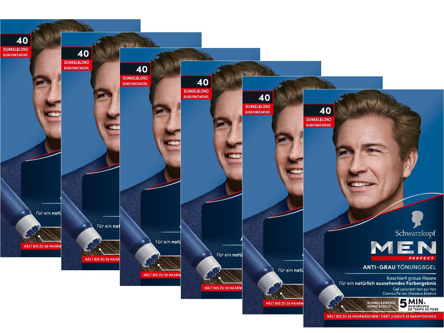 Schwarzkopf Haartönung Men Perfect 40 Dunkelblond - hält bis zu 28 Haarwäschen, Vorratspack, 6-tlg., 6x 80 ml, Anti-Grau Tönung für ein natürlich aussehendes Ergebnis