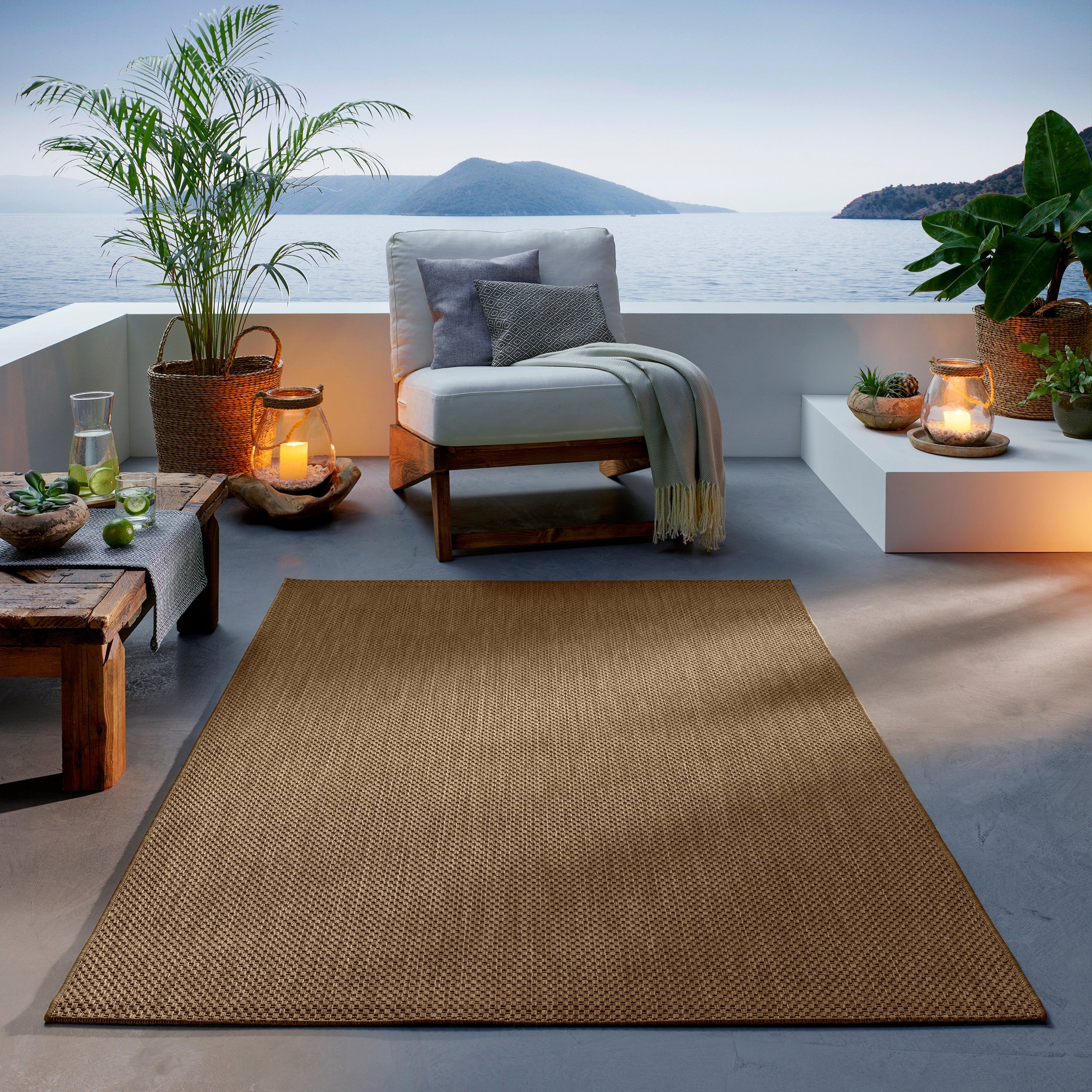 Teppich Outdoor & Indoor Teppich, TaCa Home, rechteckig, Höhe: 7 mm, Terrasse Balkon Garten Wohnzimmer Bad Küche, Braun - 240 x 340 cm unibraun