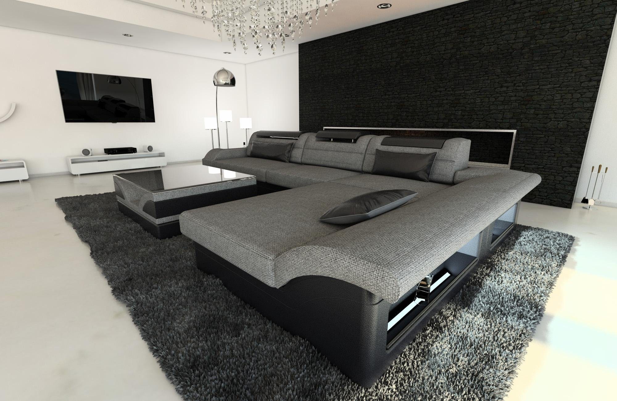 Monza H5 Designersofa Couch Grau-Schwarz Form, Stoffsofa Stoff Sofa ausziehbare Ecksofa L LED, Bettfunktion, Dreams Polstersofa mit