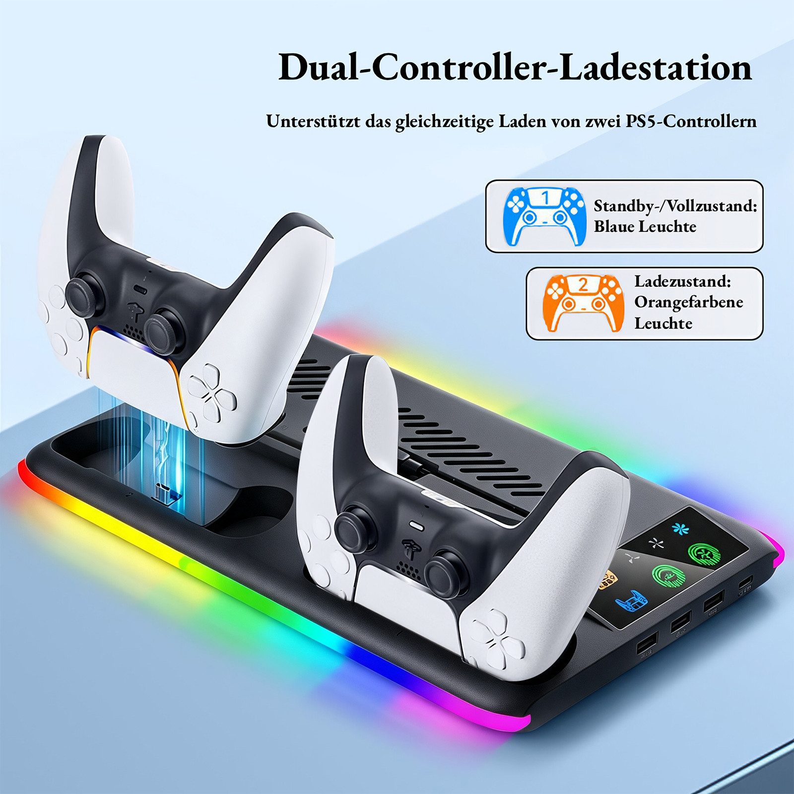 BBG PS5 Kühlständer für PS5 / PS5 Slim / PS5 Pro Ladestation (2800 mA, mit Headset-Halter & USB-Hub, Geräuscharm Lüfter, für PS5, PS5 Slim und PS5 Pro (Digital  – Bild 3 von 5