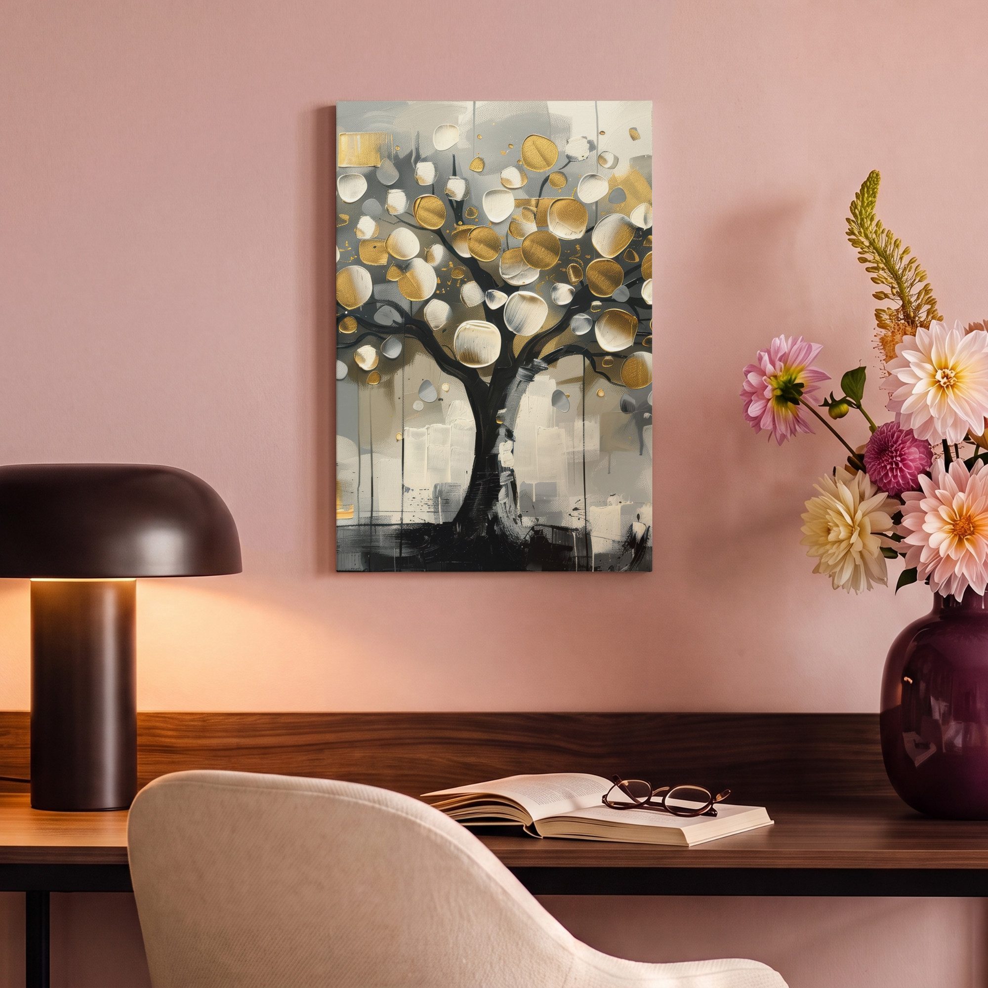 OneMillionCanvasses® Leinwandbild Baum - Abstrakt - Beige - Gold - Schwarz, Fotodruck (1 St), Wandbild, Deko Schlafzimmer Wohnzimmer Flur 20x20 cm – Bild 4 von 5