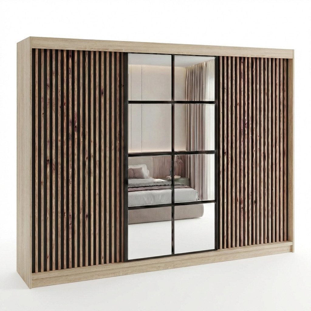 A&J MöbelLand GmbH Schiebetürenschrank NORIVO 200 cm mit 3D-Lamellen und Spiegelfront (TOP ANGEBOT! Geräumiger Schrank mit einer Breite von 200 cm ideal zur Aufbewahrung von Kleidung und Accessoires. Wählen Sie das ideale Modell für Ihr Schlafzimmer!, TOP