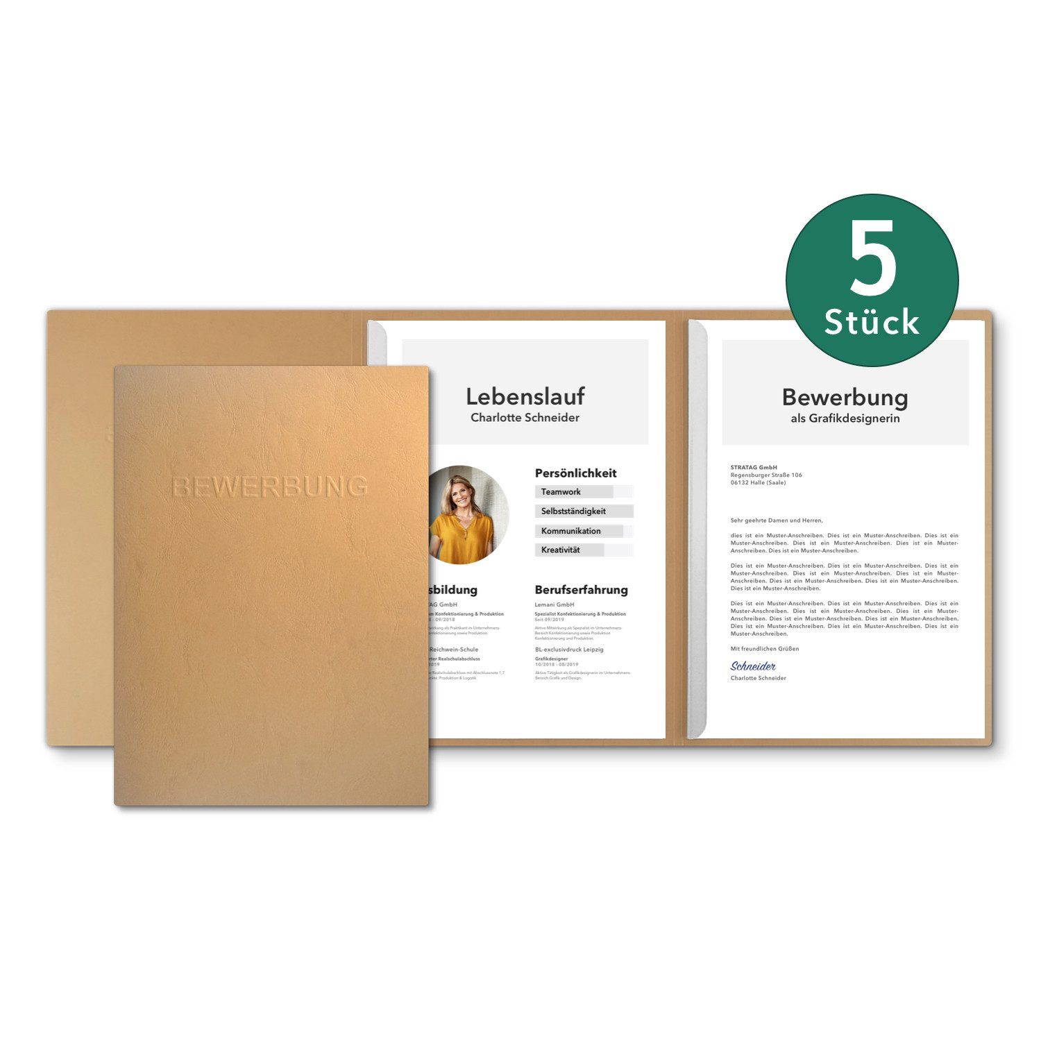 STRATAG Bewerbungsmappe in feinster Lederstruktur - 5 Stück 3-teilig mit 2 Klemmschienen (Set, 5-St., mit hochwertiger Relief-Prägung BEWERBUNG), direkt vom Hersteller STRATAG - handgefertigt in Deutschland