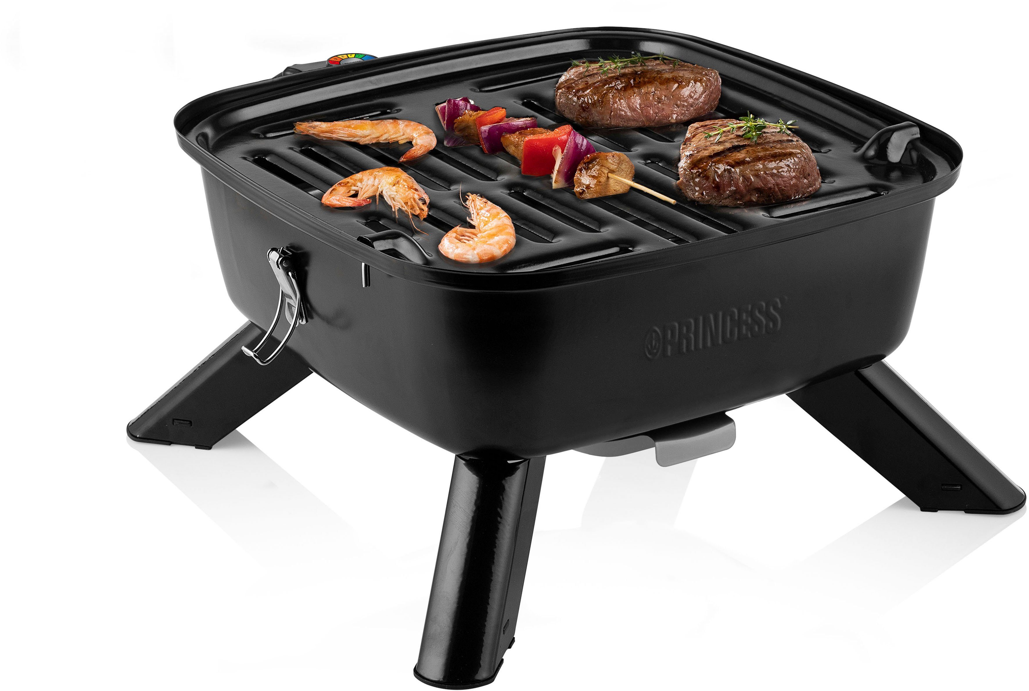 PRINCESS Tischgrill 112256, 2000 W, mit Holzkohle oder elektrisch, Deckel mit Thermometer