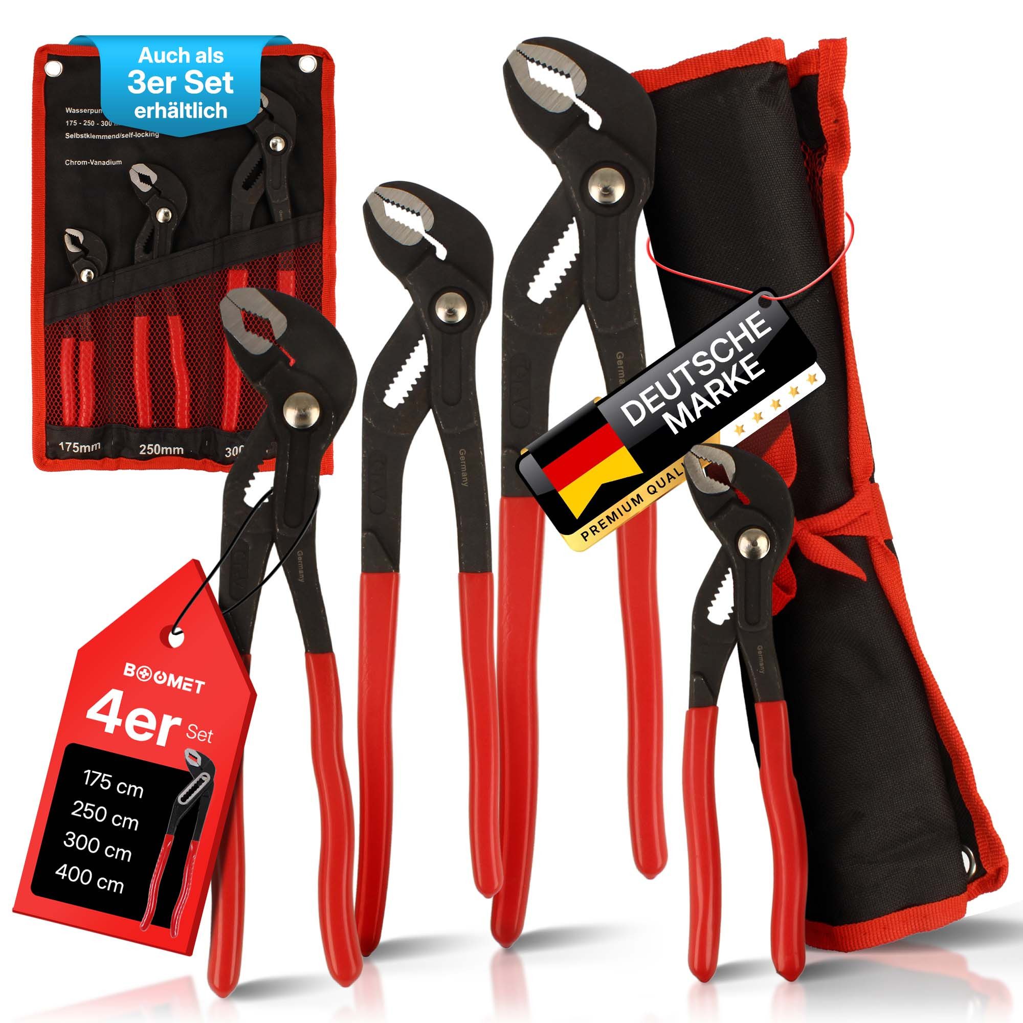 BOOMET Wasserpumpenzange Wasserpumpenzangen-Set mit Einstellknopf, 3-tlg., Rohrzange Klempnerzange Greifzange Zangenschlüssel