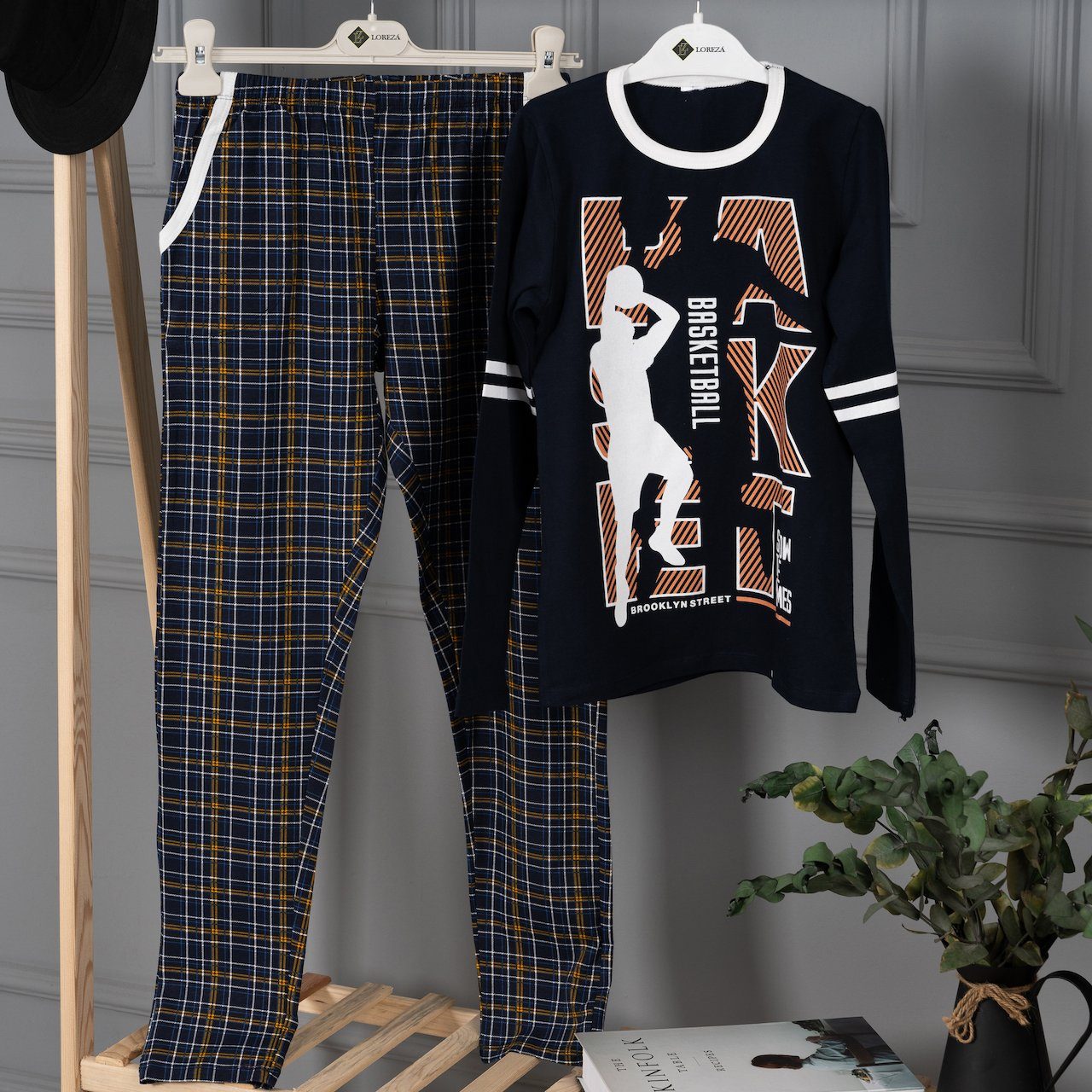 zweiteiliger (Set, Langarm LOREZA Basketball Baumwolle 2 - Pyjama tlg) Schlafanzug Jungen
