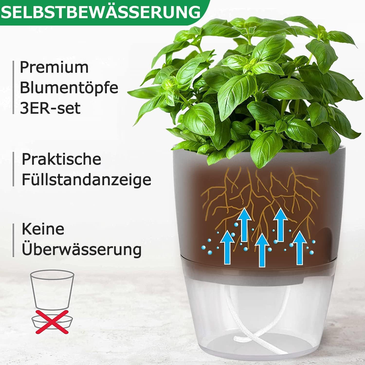 FELIXLEO Kräutertopf Kräutertopf 3er Set selbstbewässernd Küchen Kräutergarten (1 St)
