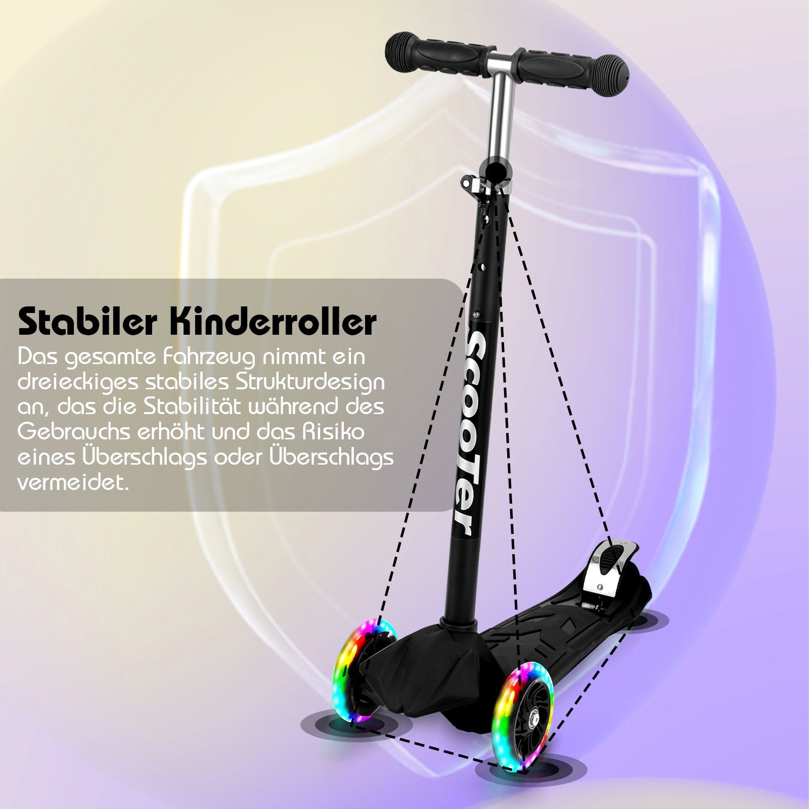 Tretroller Schwarz LED-Räder bis Höhenverstellbar Scooter Kinderroller Clanmacy 50 kg