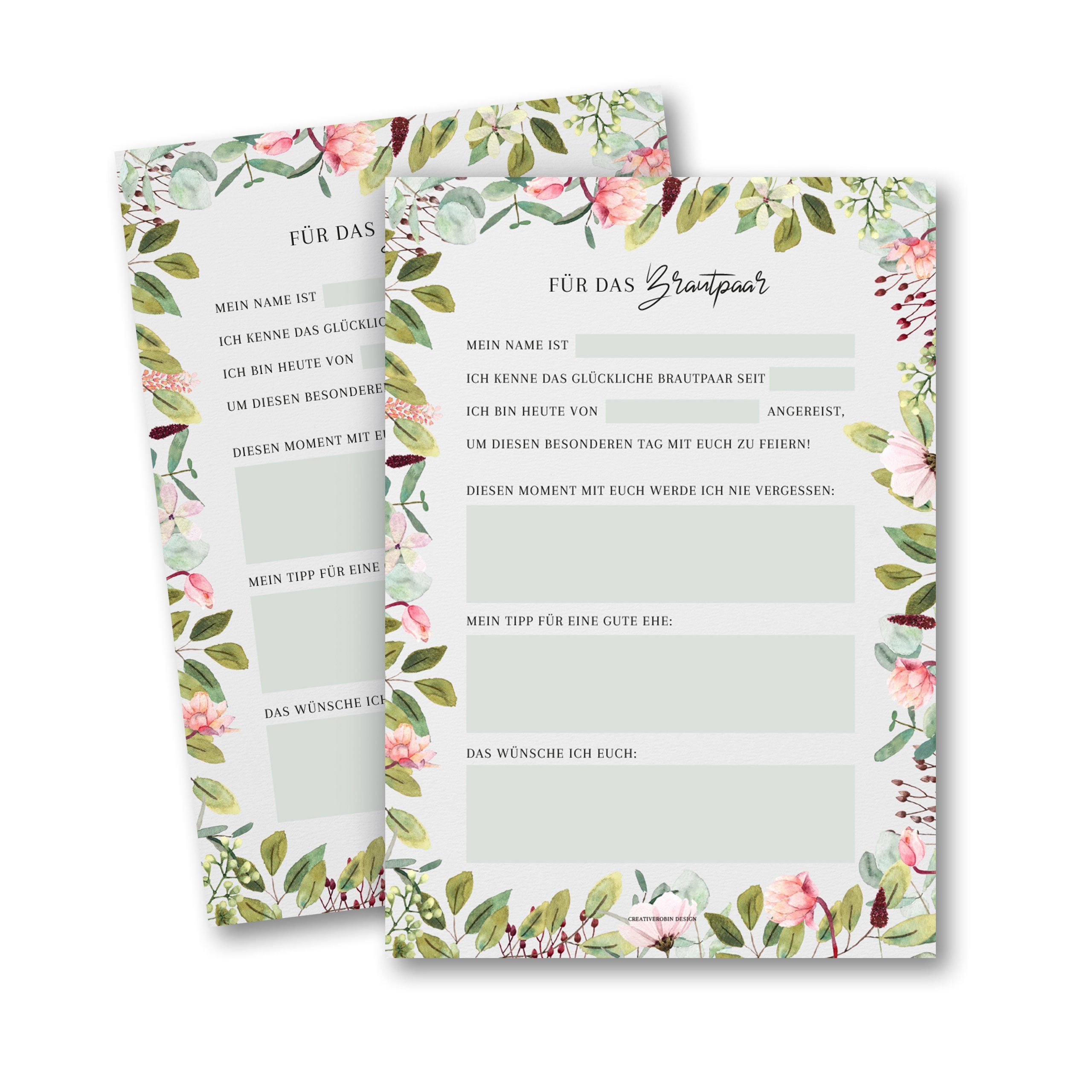 CreativeRobin Hochzeitskarte Hochzeitsspiel für A5 • Notizblock Karten Gästebuch & 50 Gäste