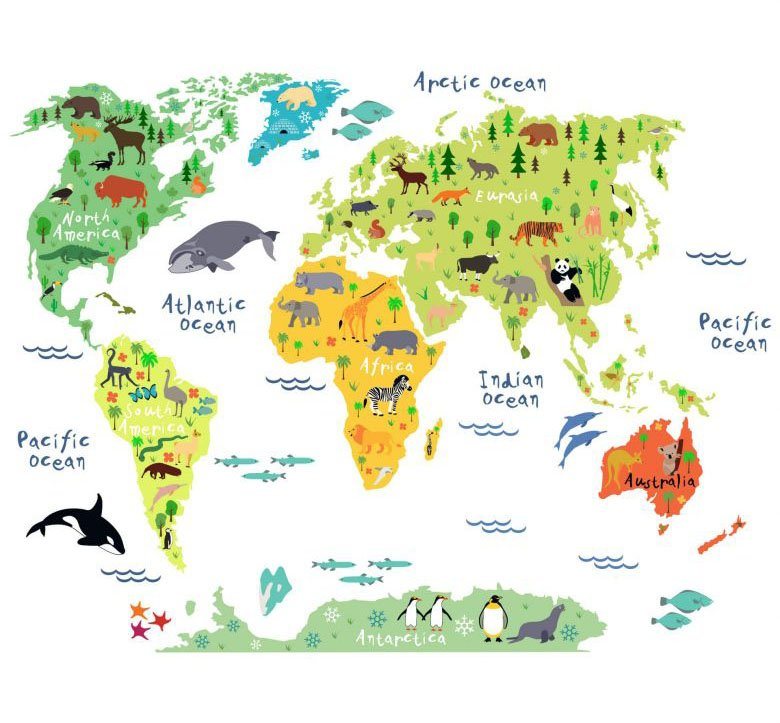 Wall-Art Wandtattoo Tiere Weltkarte - Englisch (1 St)