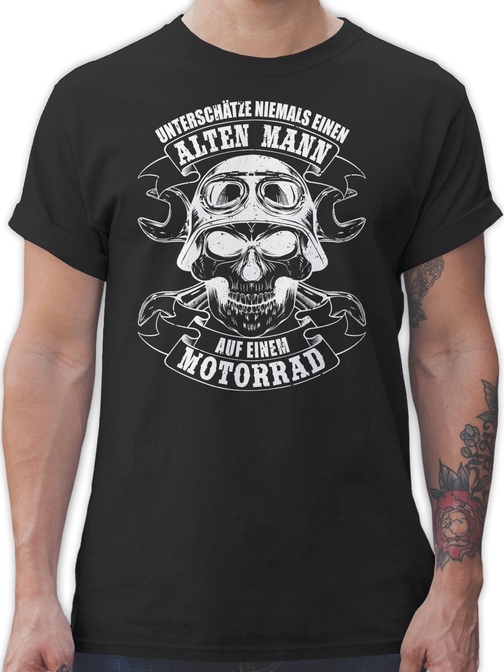 Shirtracer T-Shirt Unterschätze niemals einen alten Mann - weiß Motorrad Biker 1 Schwarz