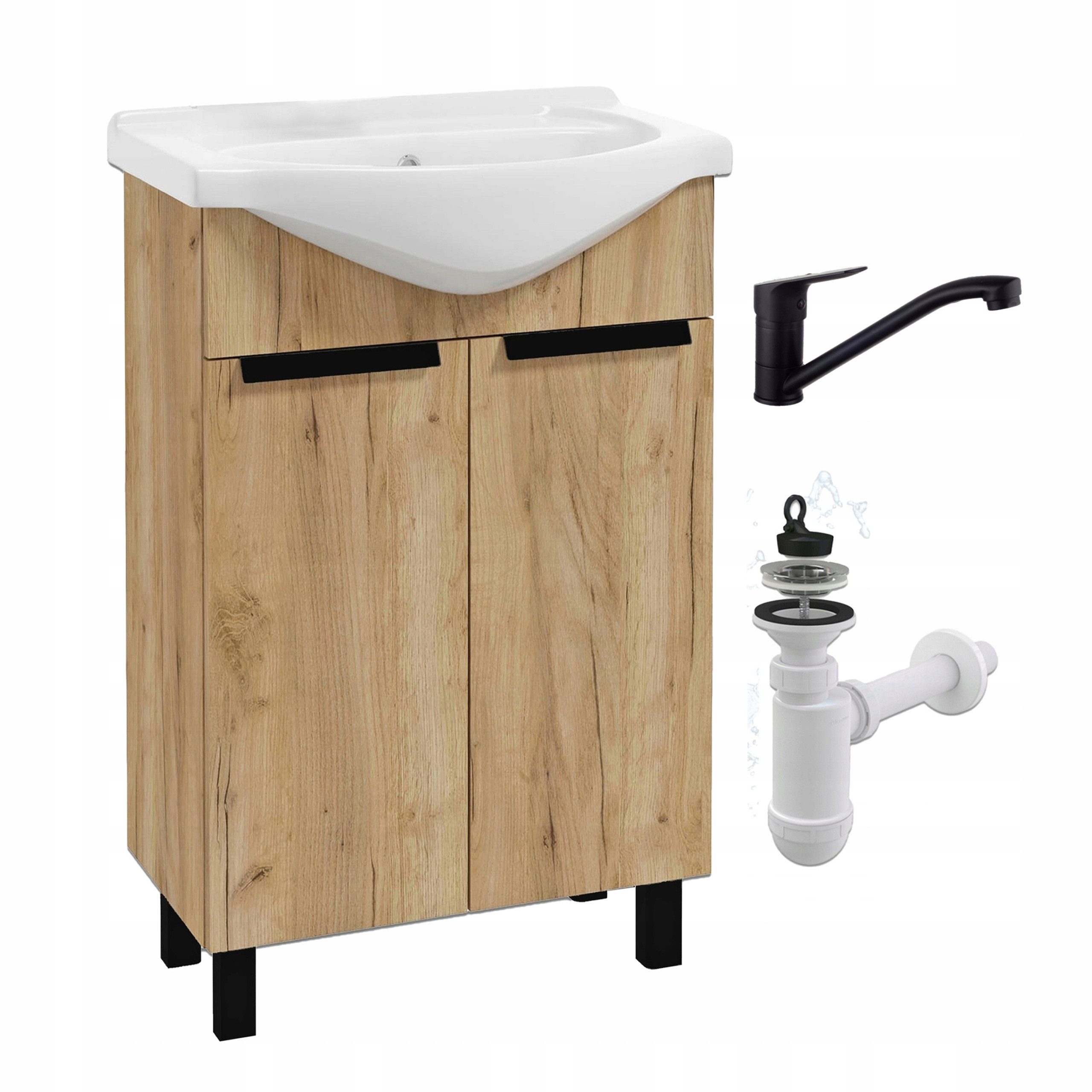 STAMAR Waschbeckenunterschrank Badmöbel Standschrank 50 cm mit Waschbecken Craft Eiche Gold Armatur Unterschrank stehend Keramik Siphon Set schwarz Armatur kompakt