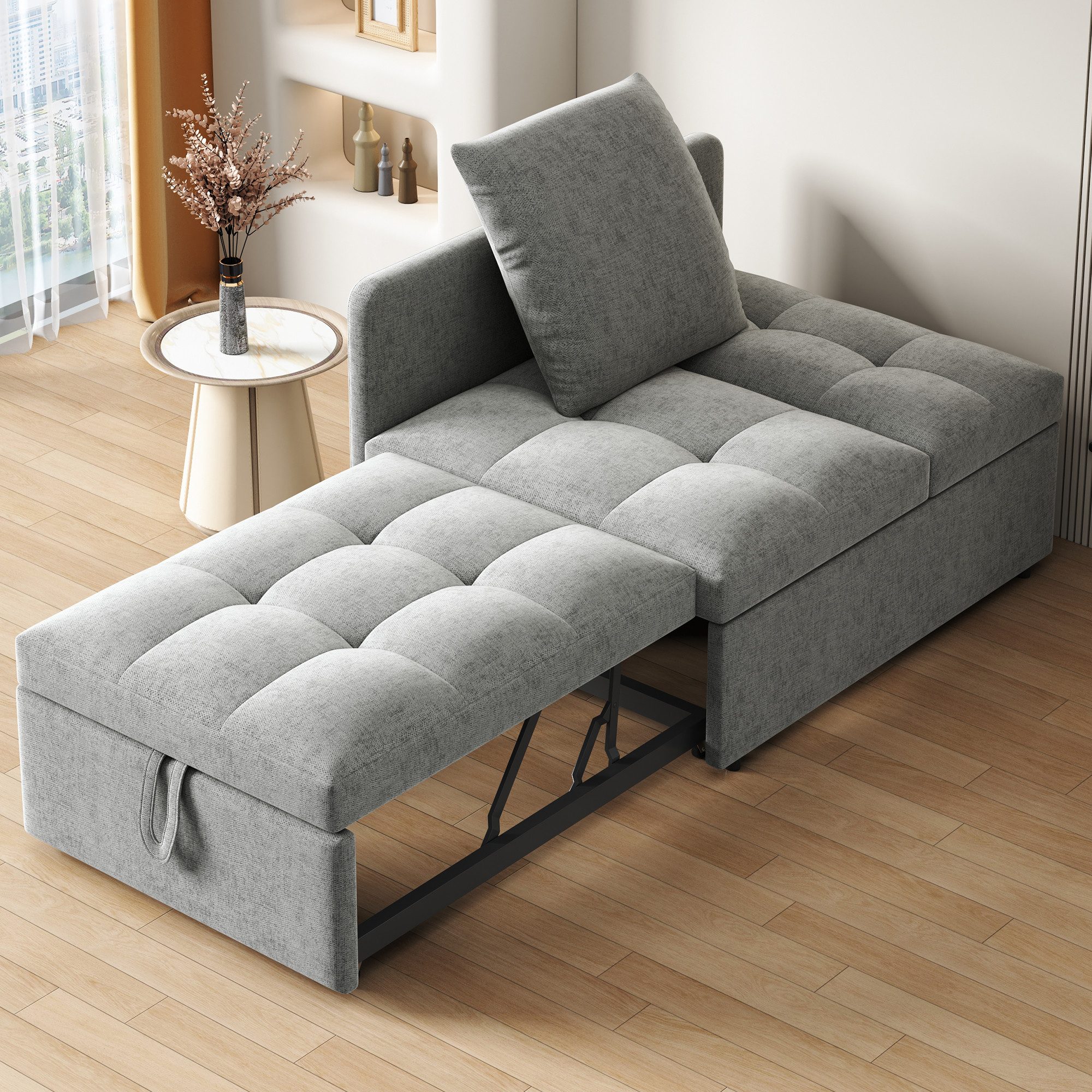 OKWISH Schlafsofa Loungesofa, 3-in-1 Polsterbett mit verstellbarer Rückenlehne, Platzsparendes sofa aus Leinen