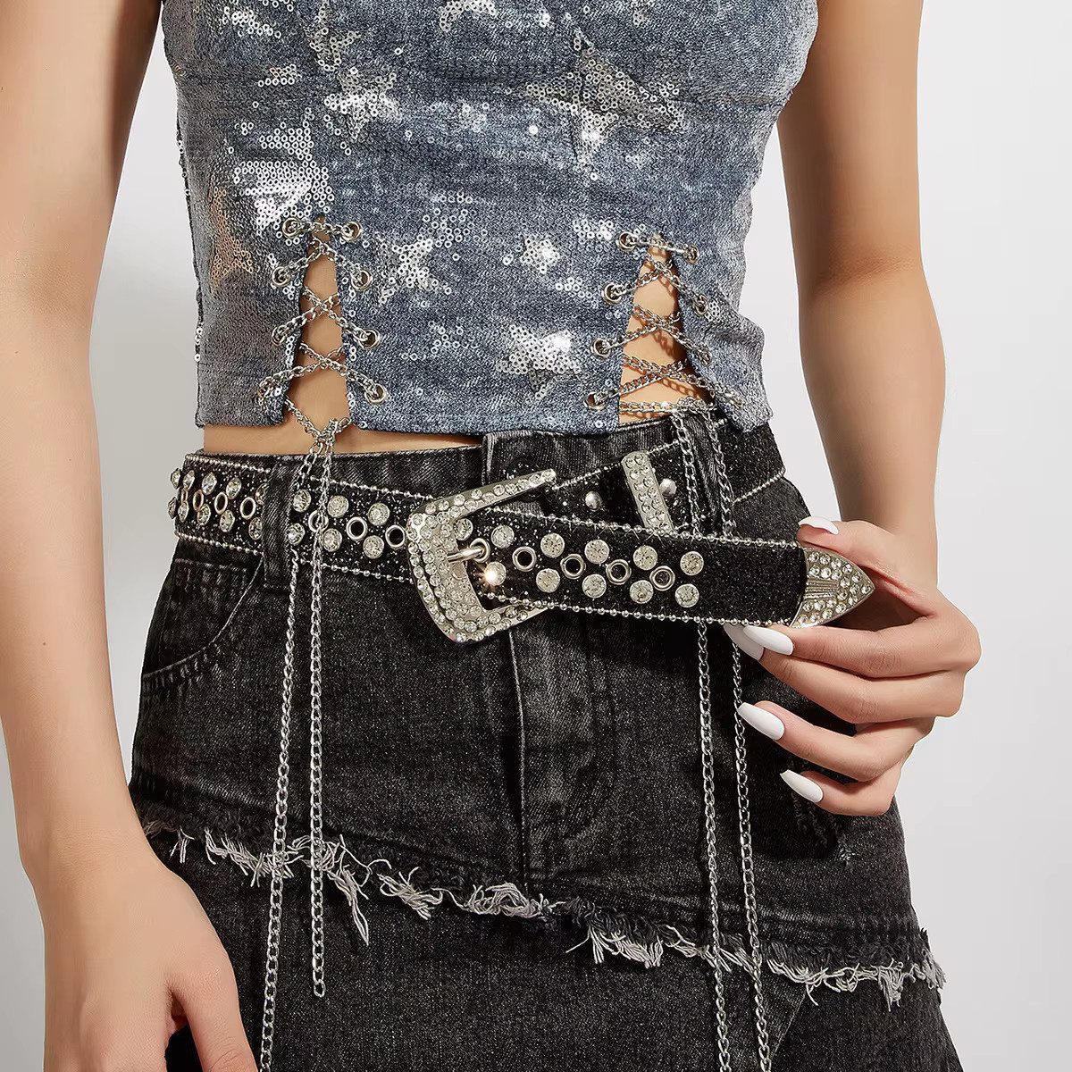 Ware aus aller Welt Nietengürtel Taillengürtel Frauen Gürtel mit Strasssteinen Punk Gothic für Jeans
