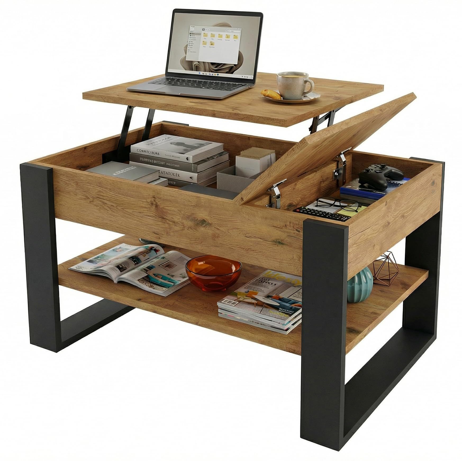 TREND WERK Couchtisch Lift-Couchtisch höhenverstellbar Sofatisch 92×54 cm mit Stauraum (verstecktem Fach Wohnzimmertisch Holz modern Wohnzimmertisch)