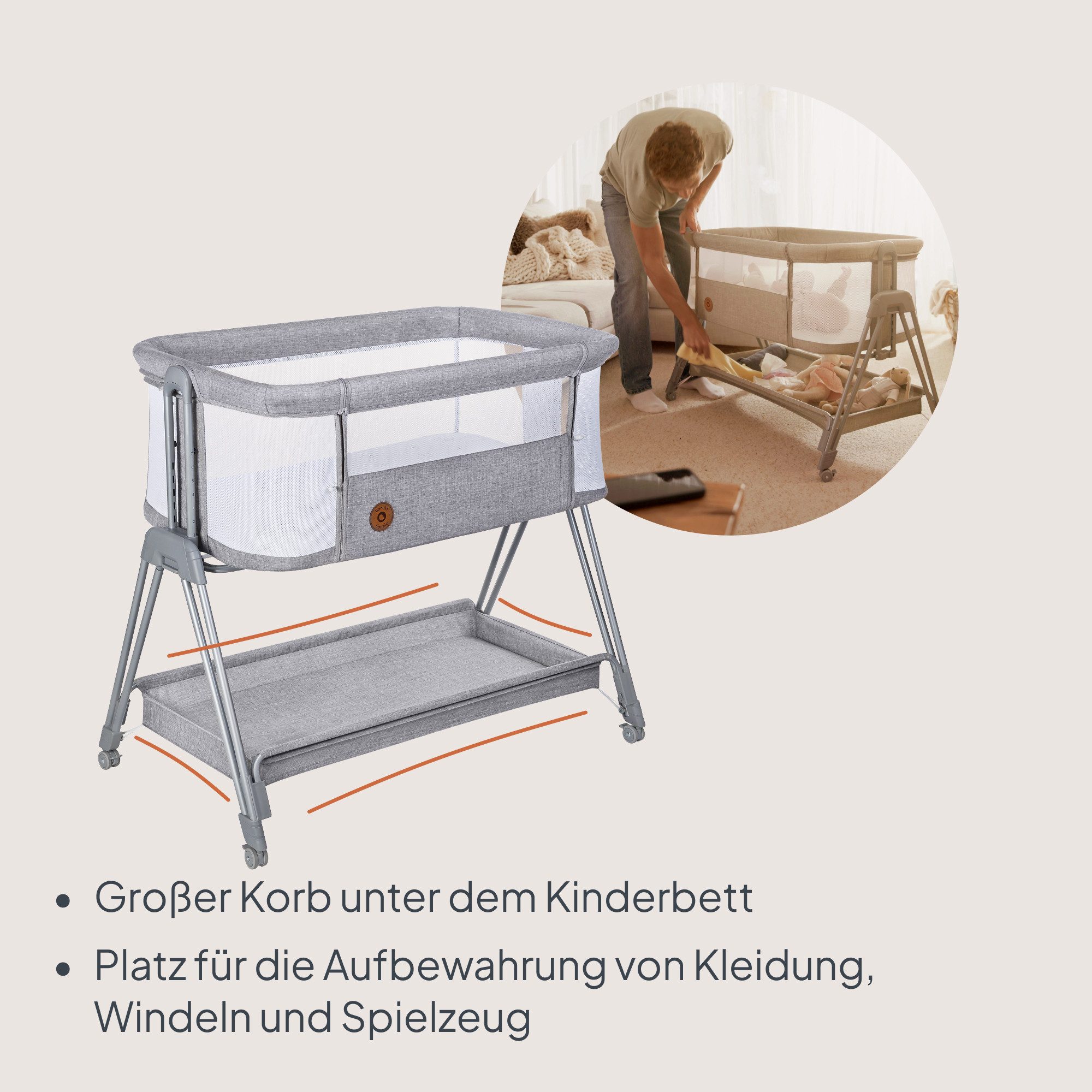 lionelo Baby-Reisebett LUNA, 2in14 Rädern mit Bremse6-stufige Höhenverstellung – Bild 4 von 5