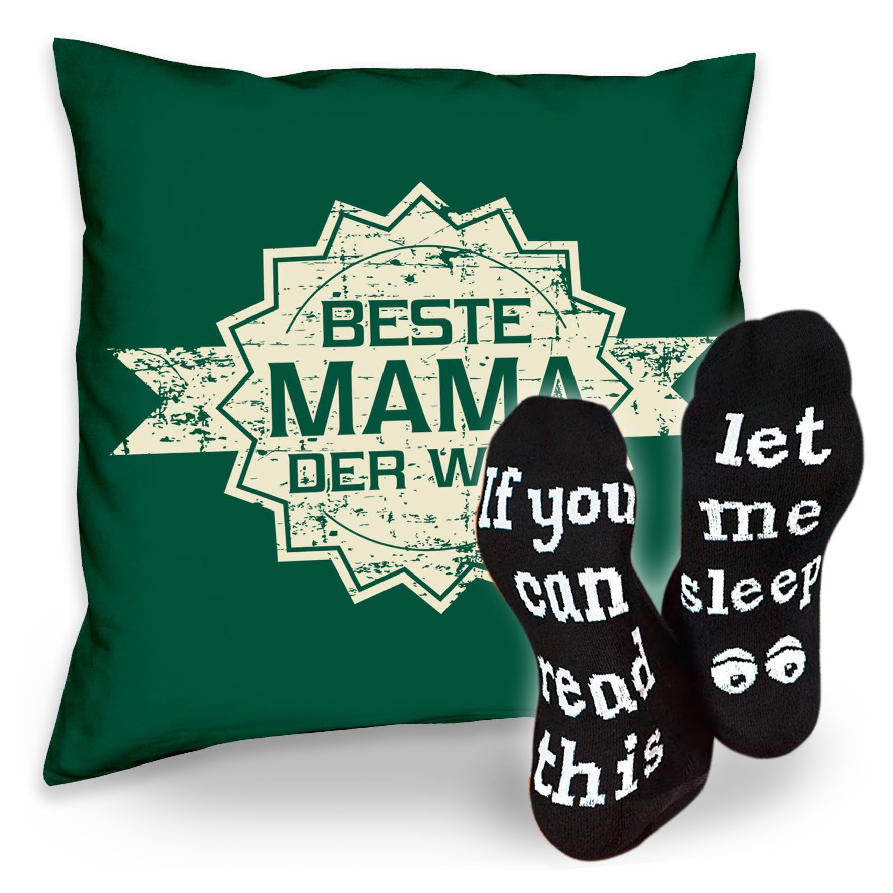 Soreso® Dekokissen Kissen Beste Mama der Welt Stern & Sprüche Socken Sleep, Geschenk Geburstag Muttertag Weihnachten dunkelgrün