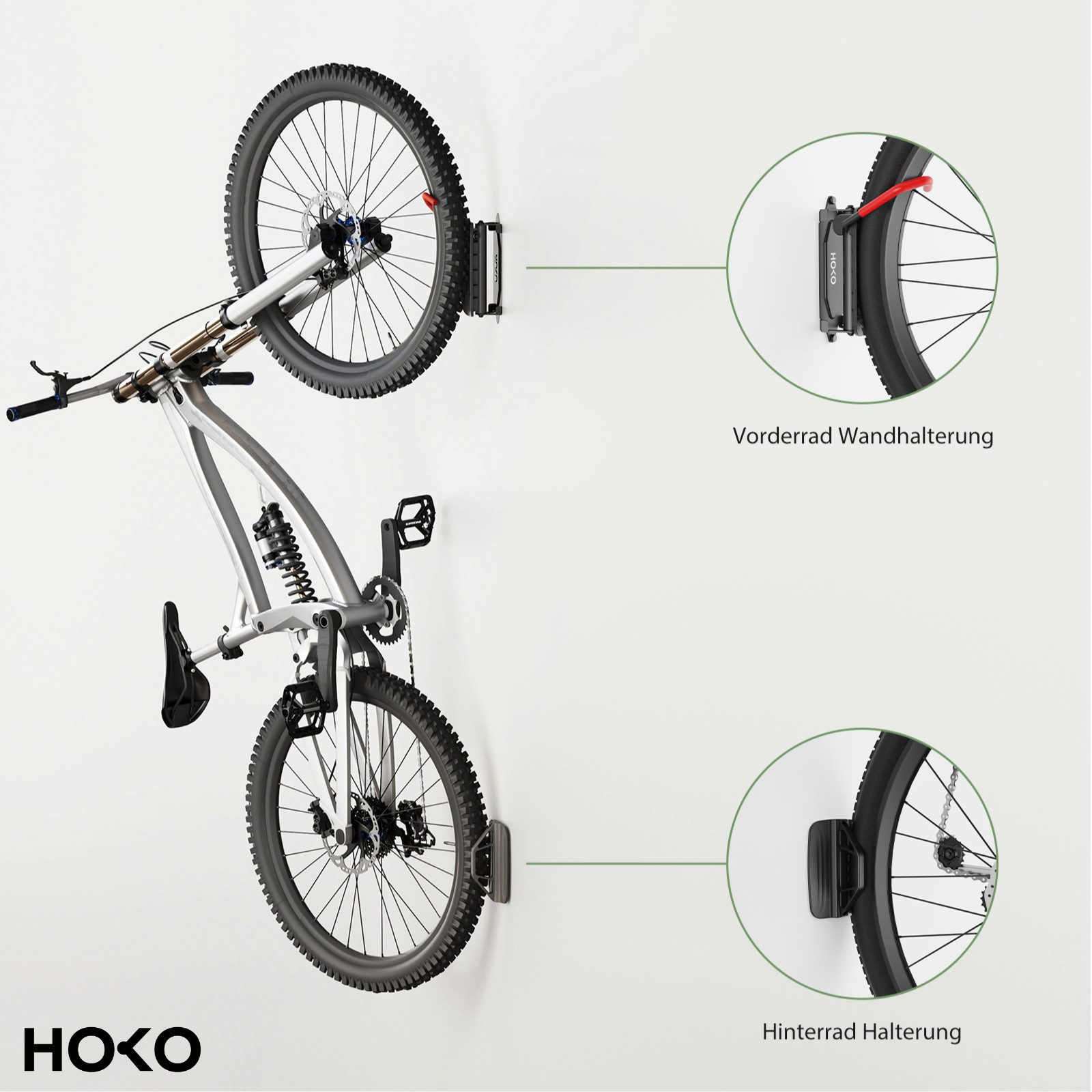 HOKO Fahrradwandhalterung für die Wand mit Hinterrad Halterung als Geschenk (Seitlich schwenkbar für eine platzsparende Aufbewahrung des Fahrrads. Belastbar bis 30 kg., 1-tlg., Fahrradwandhalterung, Montagematerial, Anleitung), Robuste Fahrradwandhalterung, schwenkbar, Anti-Kratz-Schutz, 30 kg